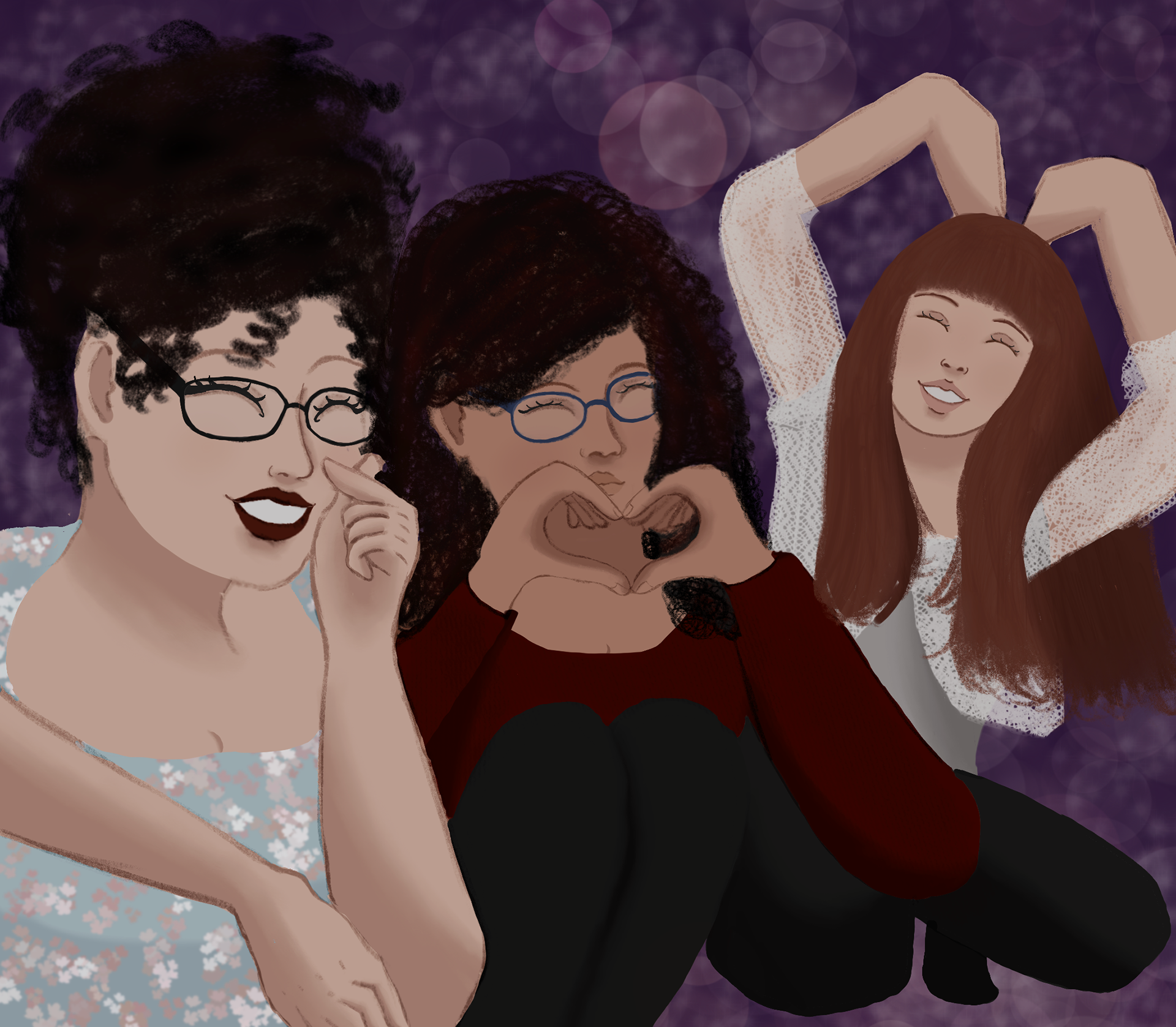 Group illustration — stylized personal portrait capturing real-life friends in expressive poses. Casual line and lighting. (Procreate)