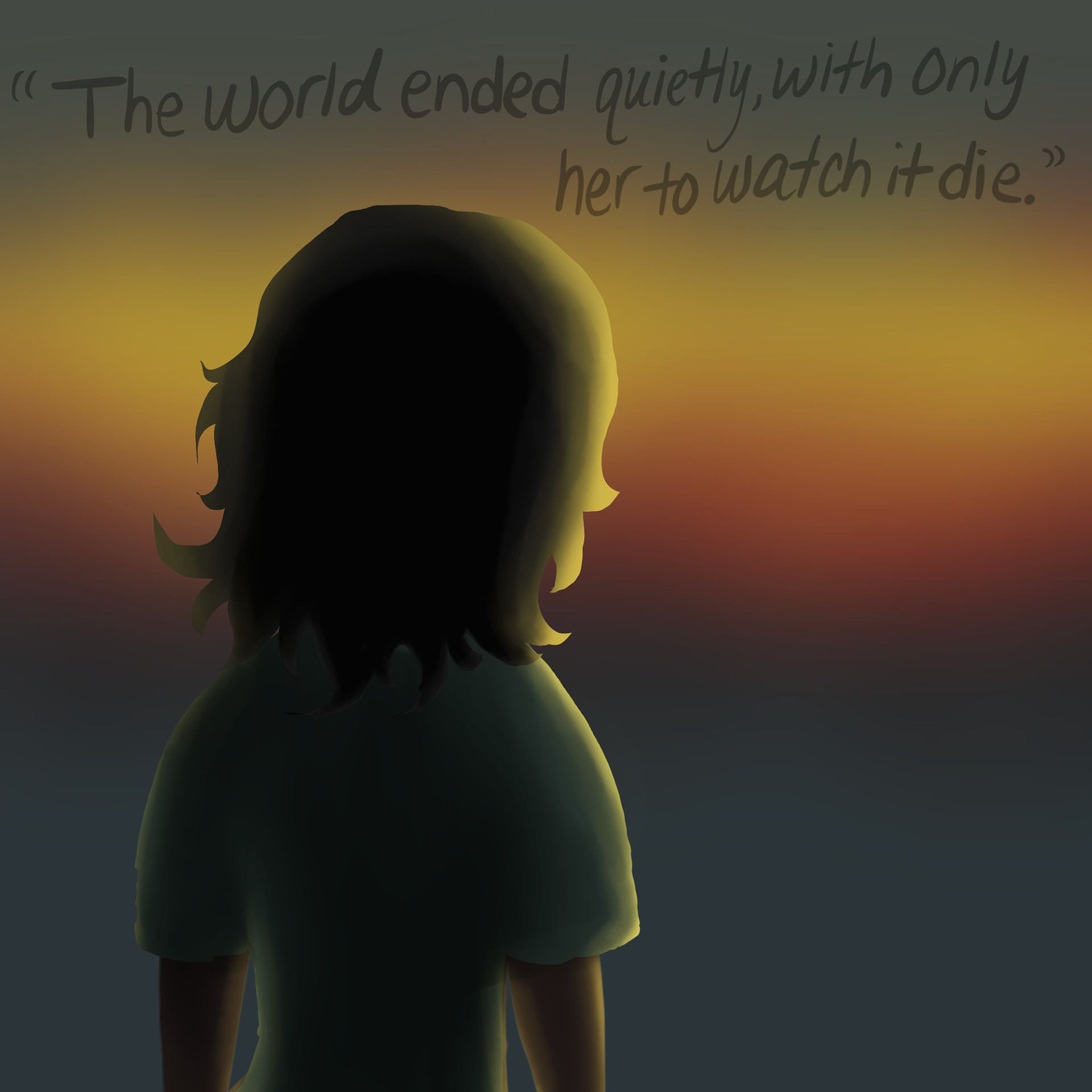 Prompt-based illustration — visual response to “The world ended quietly, with only her to watch it die.” Emphasis on mood and silhouette. (Procreate)