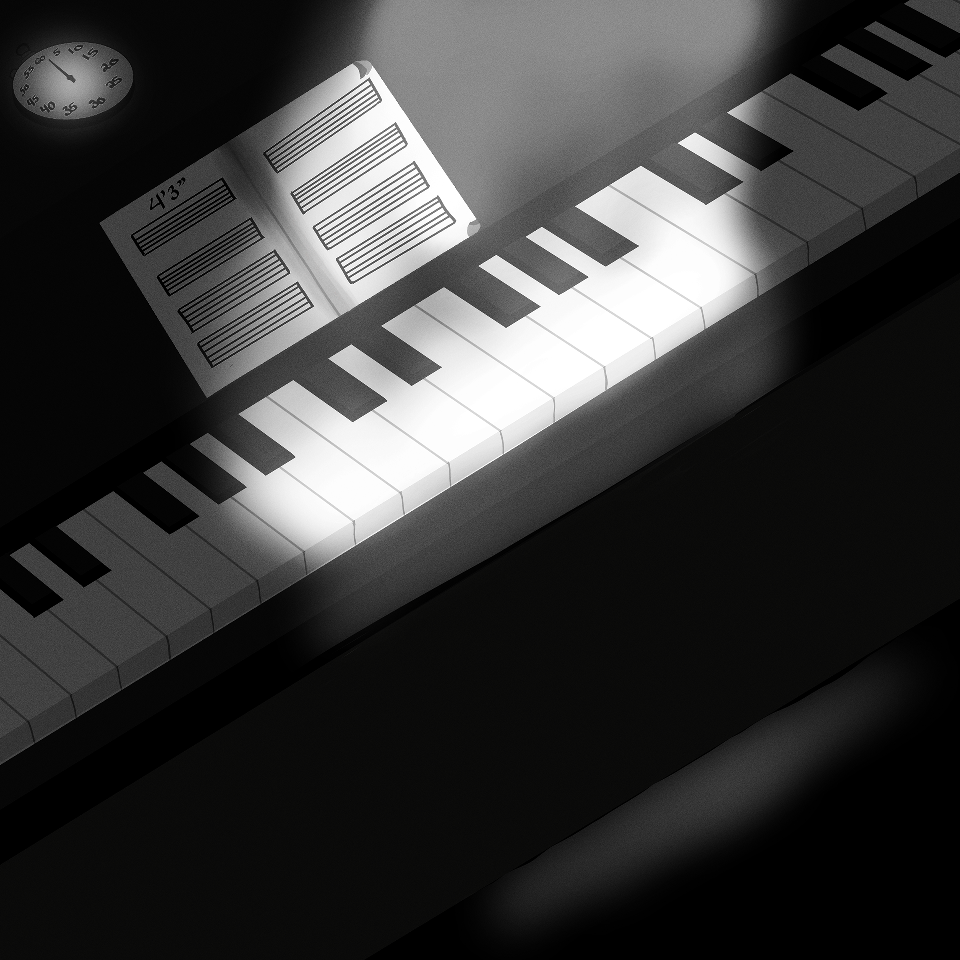 Lighting study — grayscale rendering of a piano under dramatic lighting. Emphasis on shape, shadow, and mood. (Clip Studio Paint)