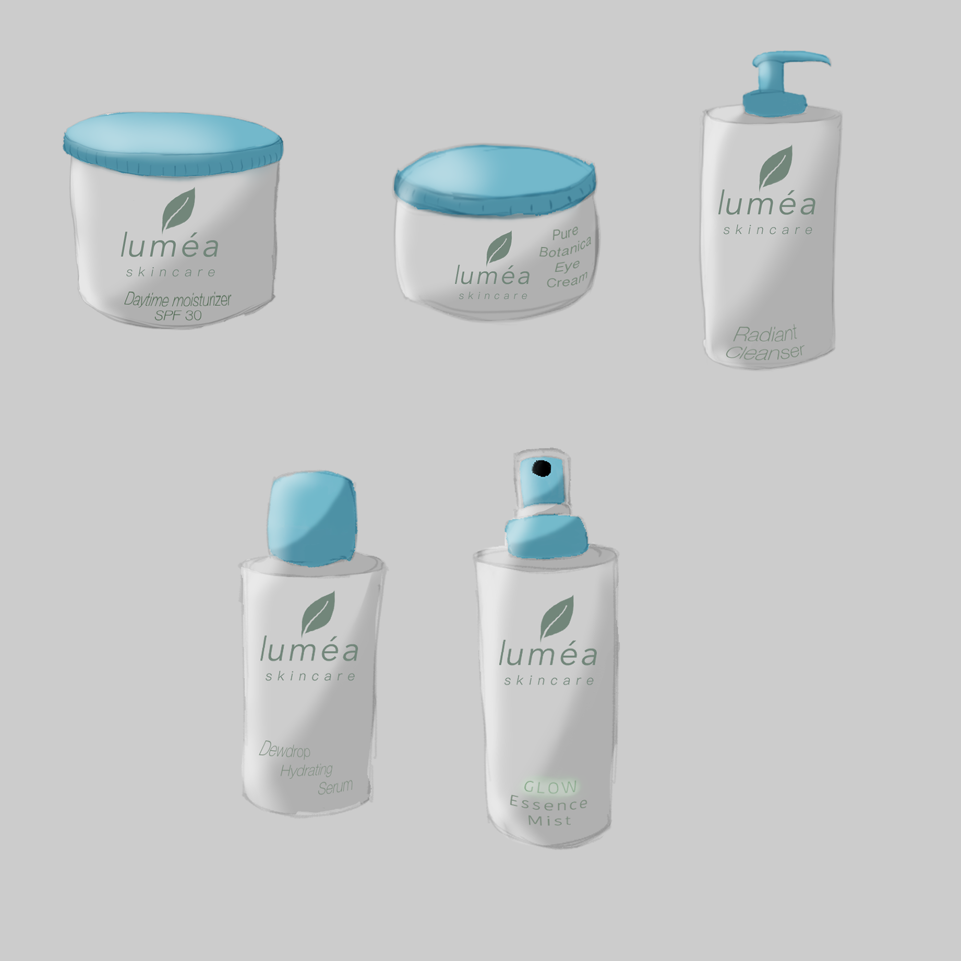 Fictional brand concept — custom skincare line created to support animated ad project. (Clip Studio Paint)