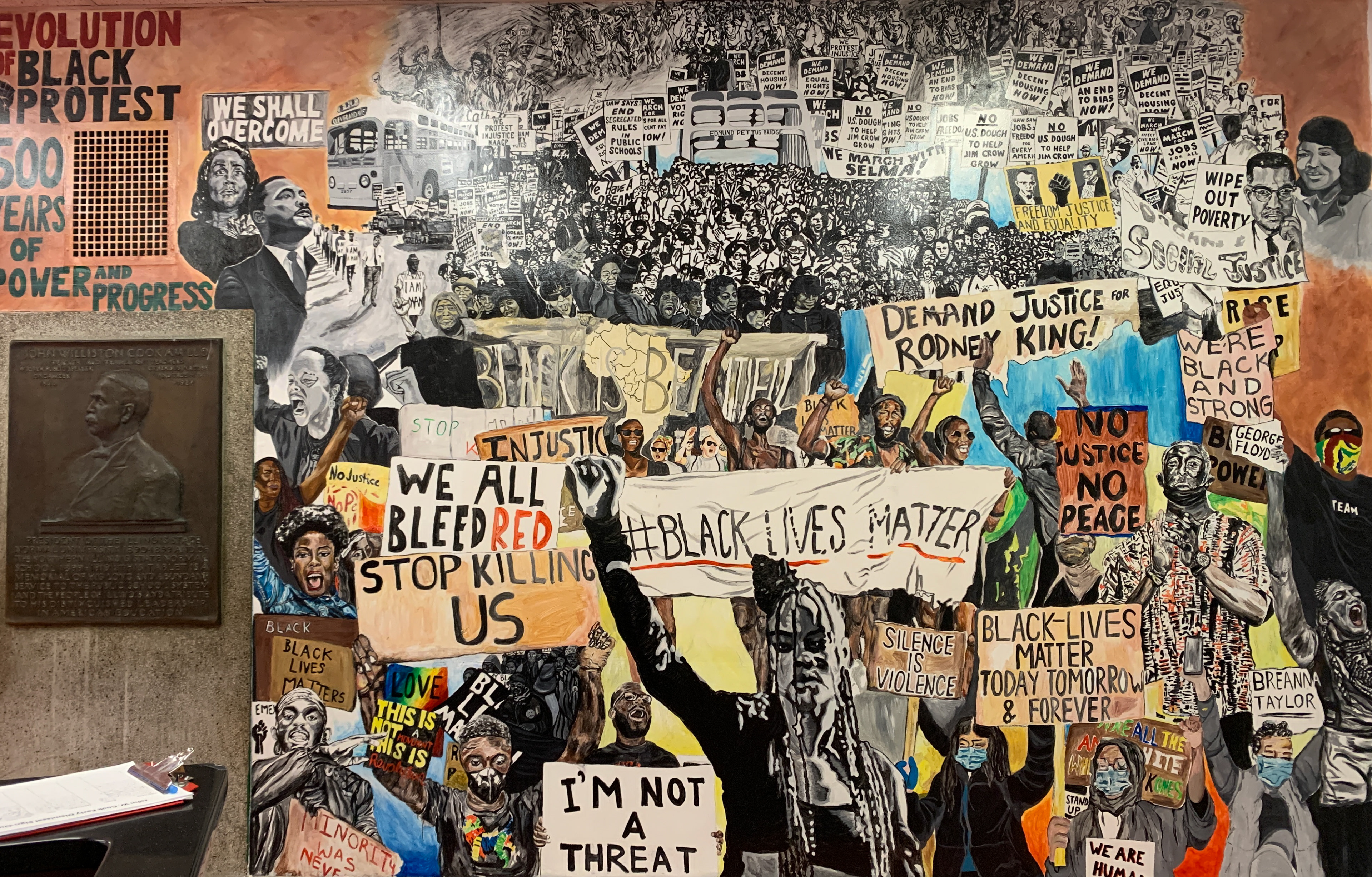 Evolution of Black Protest: 500 Years of Power and Progress Designed by Noni Michelle Painted by Noni Michelle & Rhonda Gray Cook Elementary, Chicago, IL