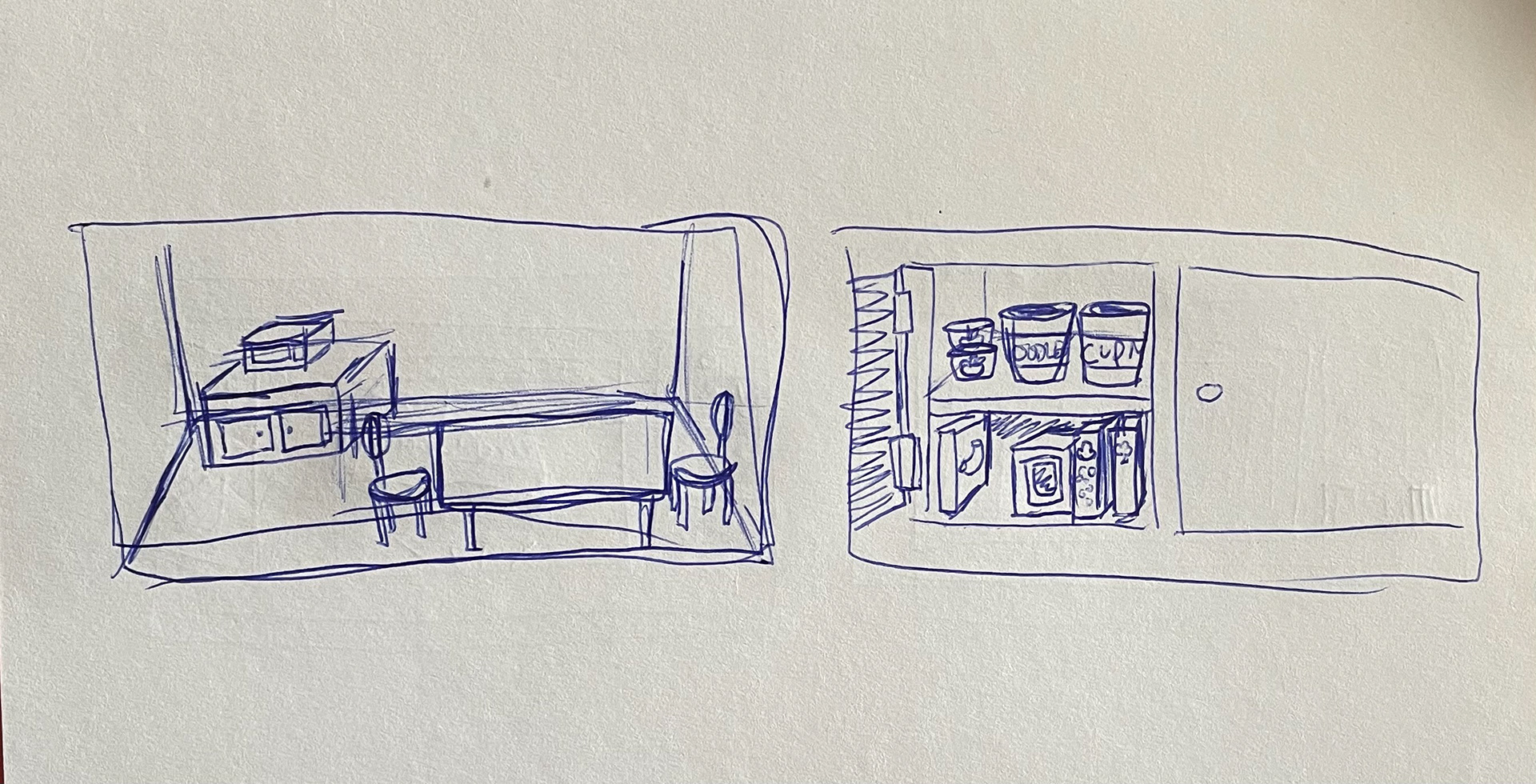 Left: User walks into kitchen area. Right: Walks over to the cabinet
