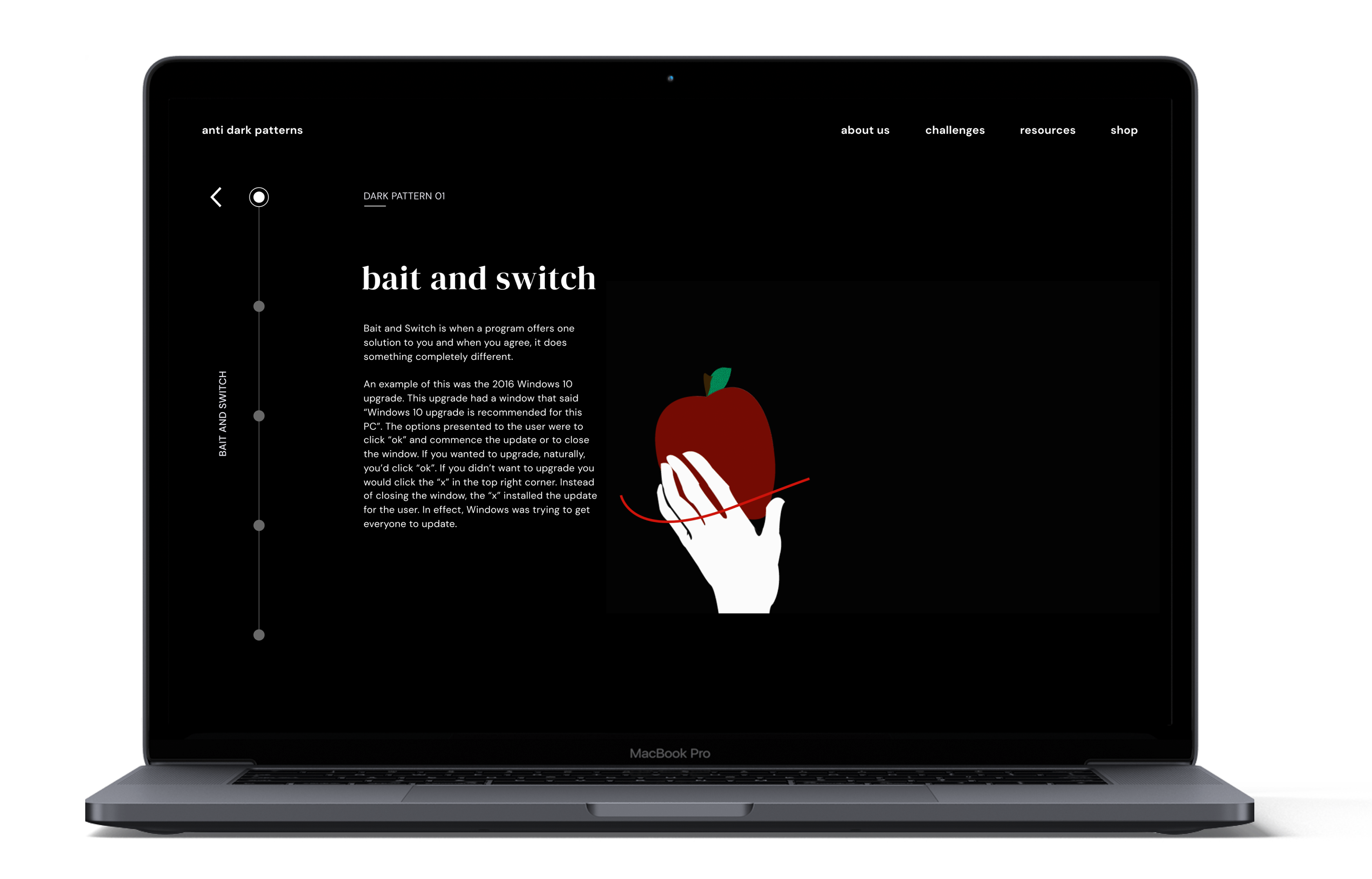 A digitized explanation of what Bait and Switch is with a gif to the right of it.