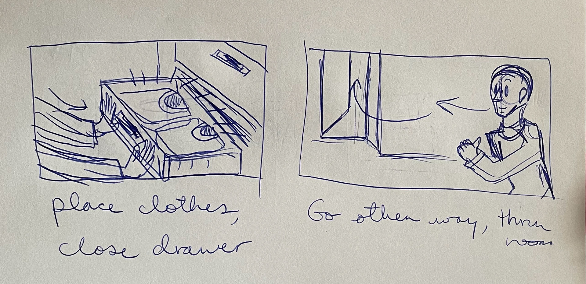 Left: Putting clothes in the drawer and closing it. Right: User rushes towards the other direction.