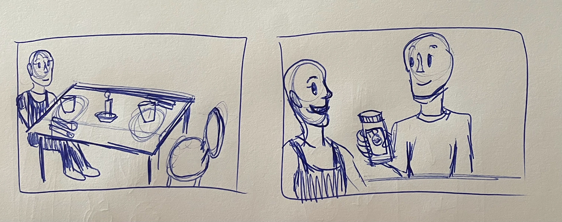 Left: User 2 sits at the table. Right: User 1 brings out the Tastie Dust seasoning bottle.