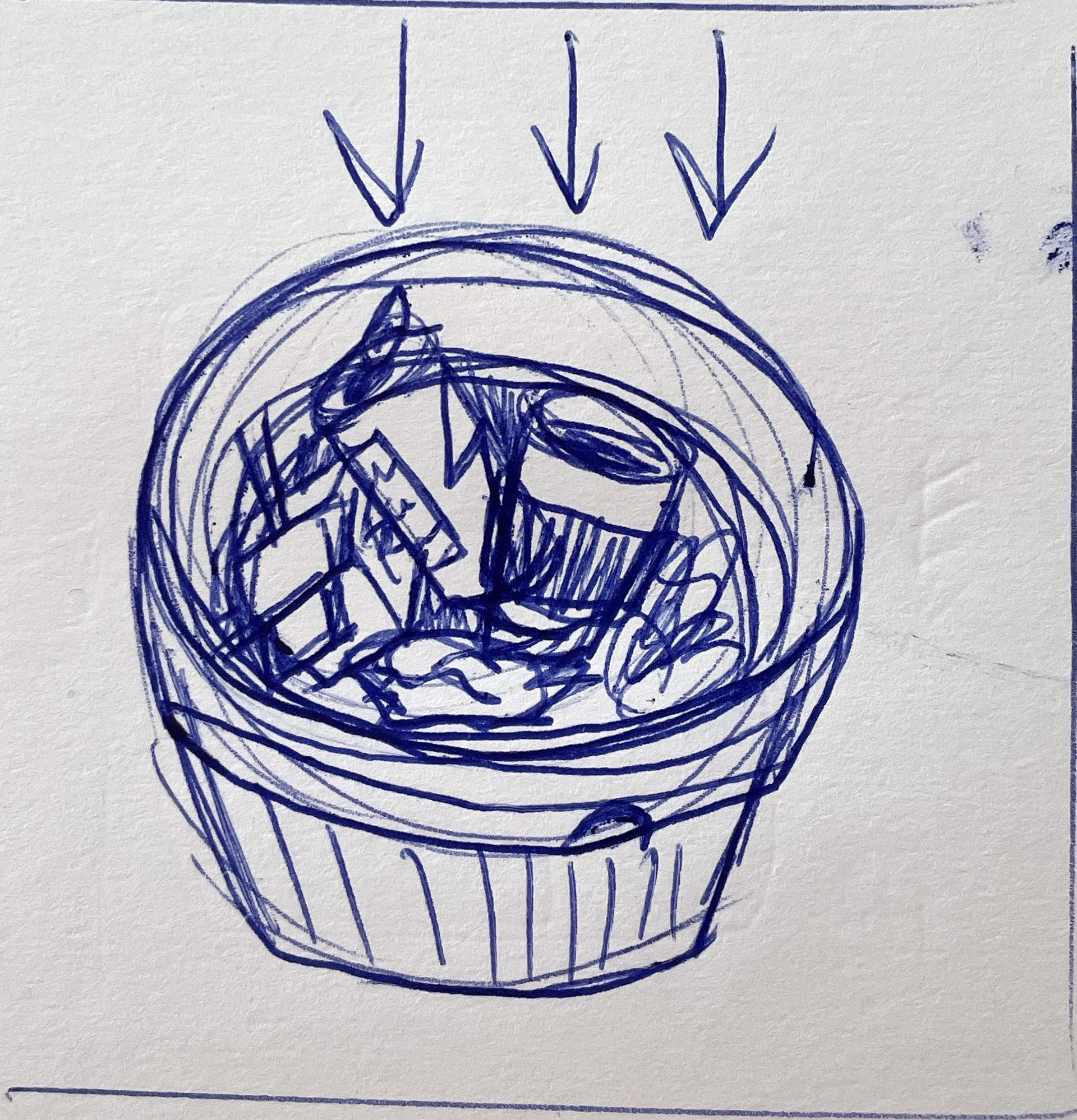 Trash falls into the can.