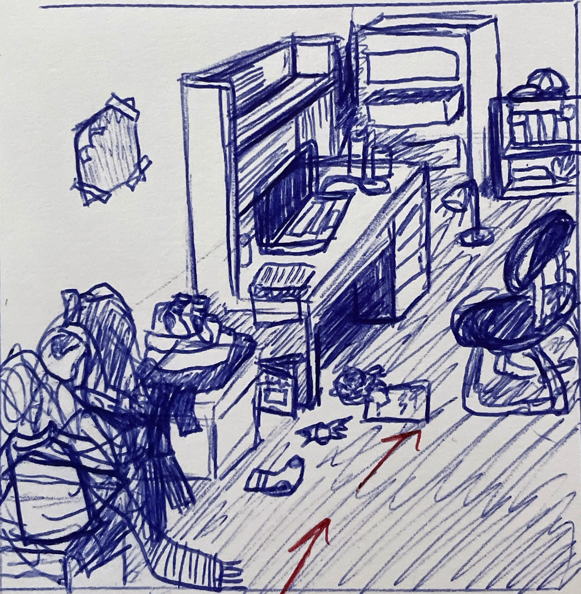 First storyboard for the commercial. Setting: messy college dorm room.