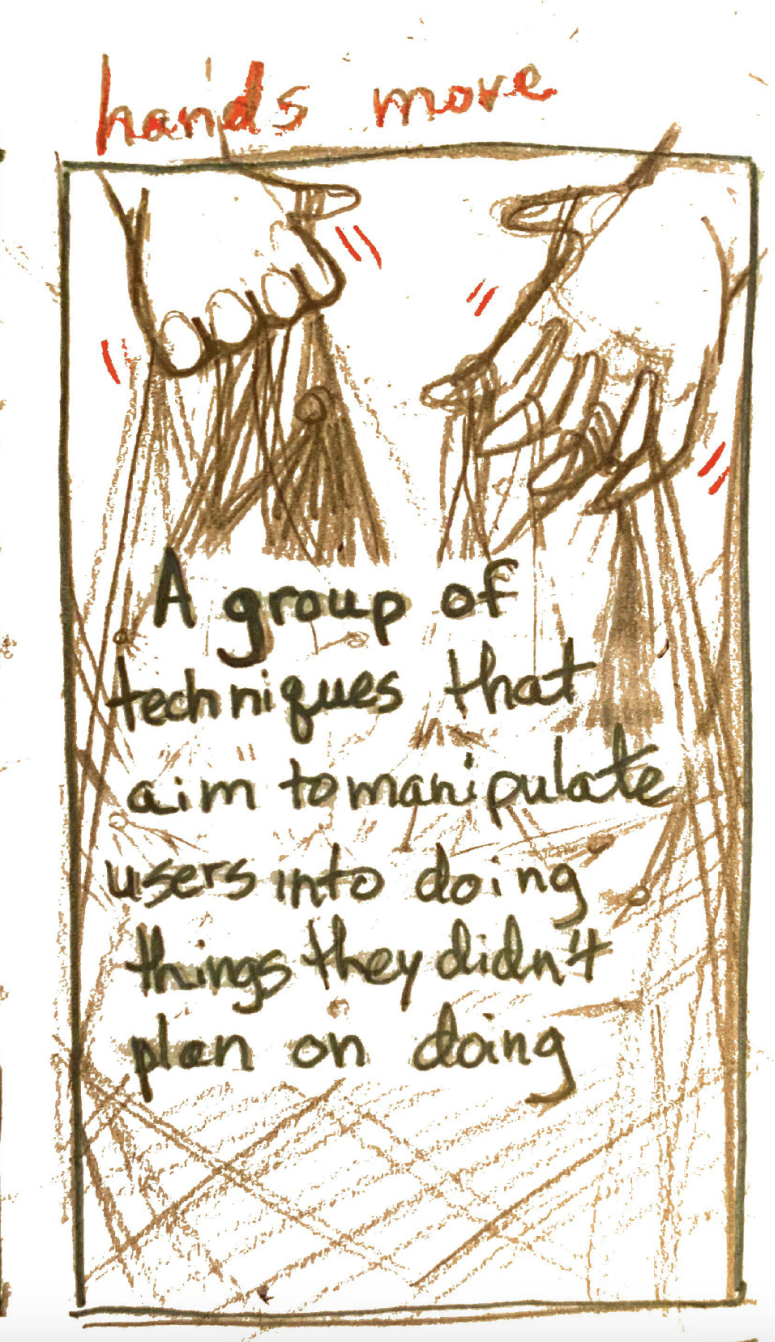 The definition of Dark Patterns. The red marks and writing indicate interaction notes.