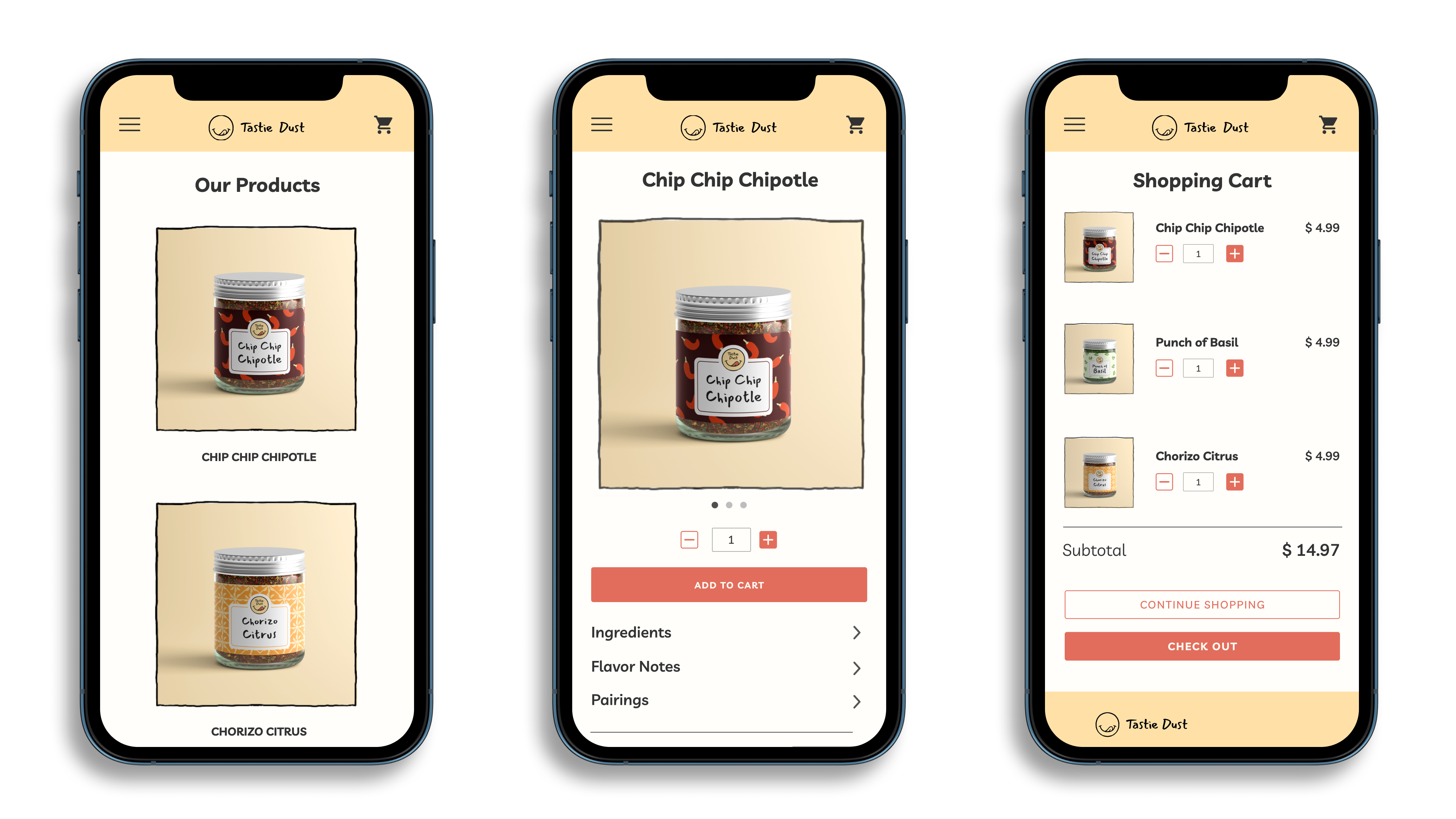 Examples of Mobile UI for the Tastie Dust Mobile App. (Left: All Products, Center: Product Description, Right: Shopping Cart).