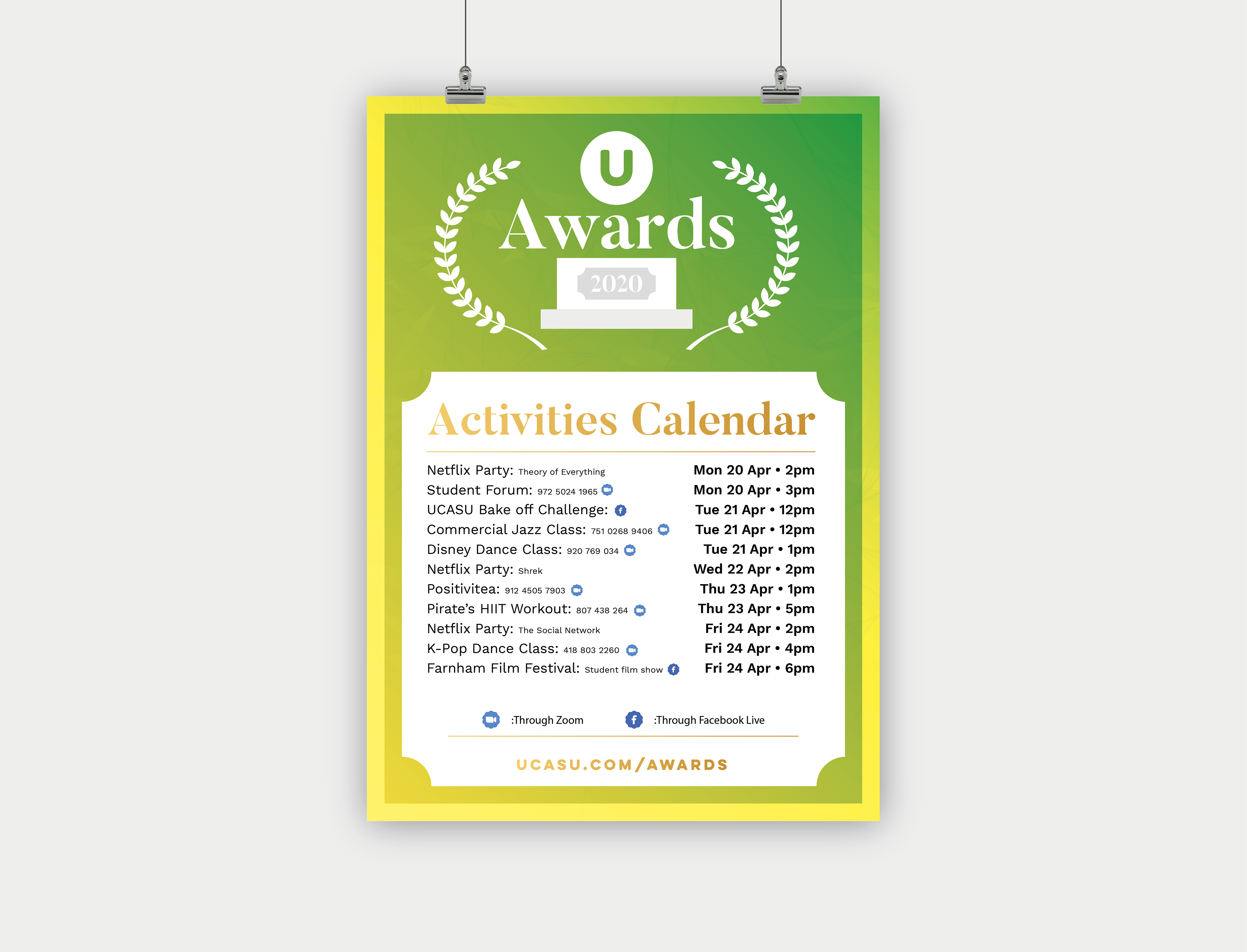 Poster for an activities calendar SU awards 2020