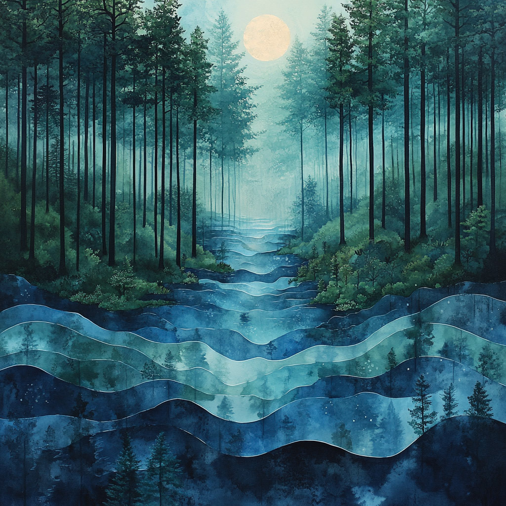 A visual representation of a hydrological cycle within a forest, focusing on the hidden water flows that sustain life. Use gradients of blues and greens, with mist-like textures to show water movement through soil, plants, and atmosphere. The piece could emphasize water’s role in sustaining both visible and hidden ecosystems