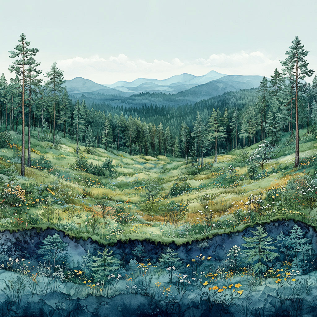 lush forest landscape set against rolling hills and distant mountains. The scene features a variety of greenery, including tall pine trees and flowering bushes, giving it a vibrant, flourishing appearance. The land undulates with grassy meadows dotted with wildflowers, transitioning into deeper layers below, revealing roots and soil ecosystems