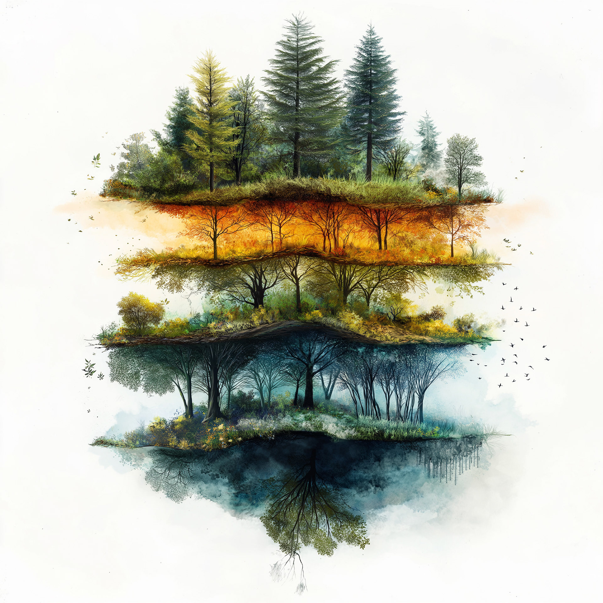 A timeline-style piece, illustrating the 100-year carbon modeling of a forest. The aesthetic could use layering techniques, showing the gradual growth, death, and regeneration of trees. Colors could evolve from soft greens to deep blues, symbolizing the changing carbon stocks and life cycles