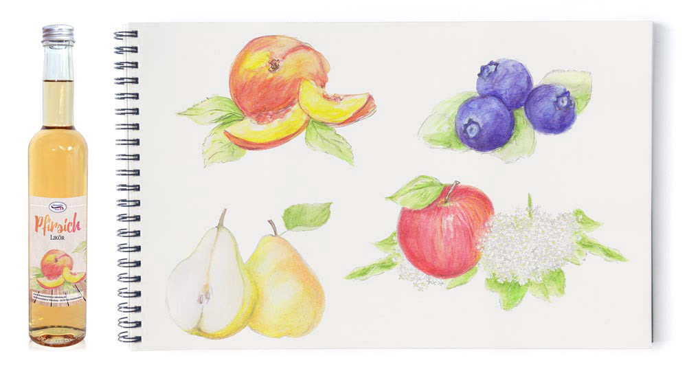 Zeichnungen Obst Likör-Etiketten