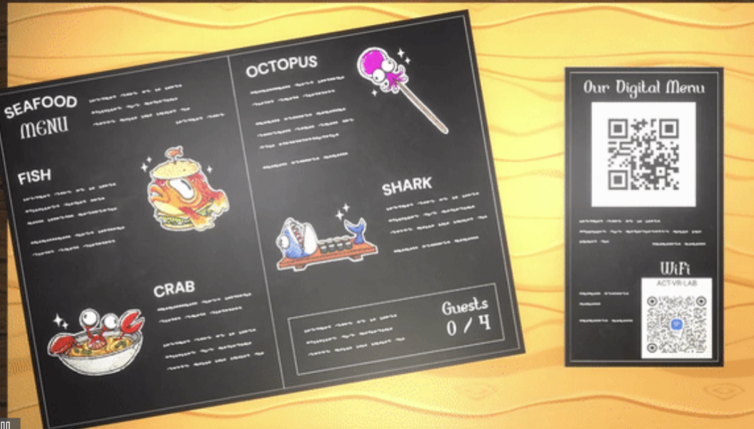 Menu with characters to choose from, QR Code for game entry and QR code for WiFi Connection