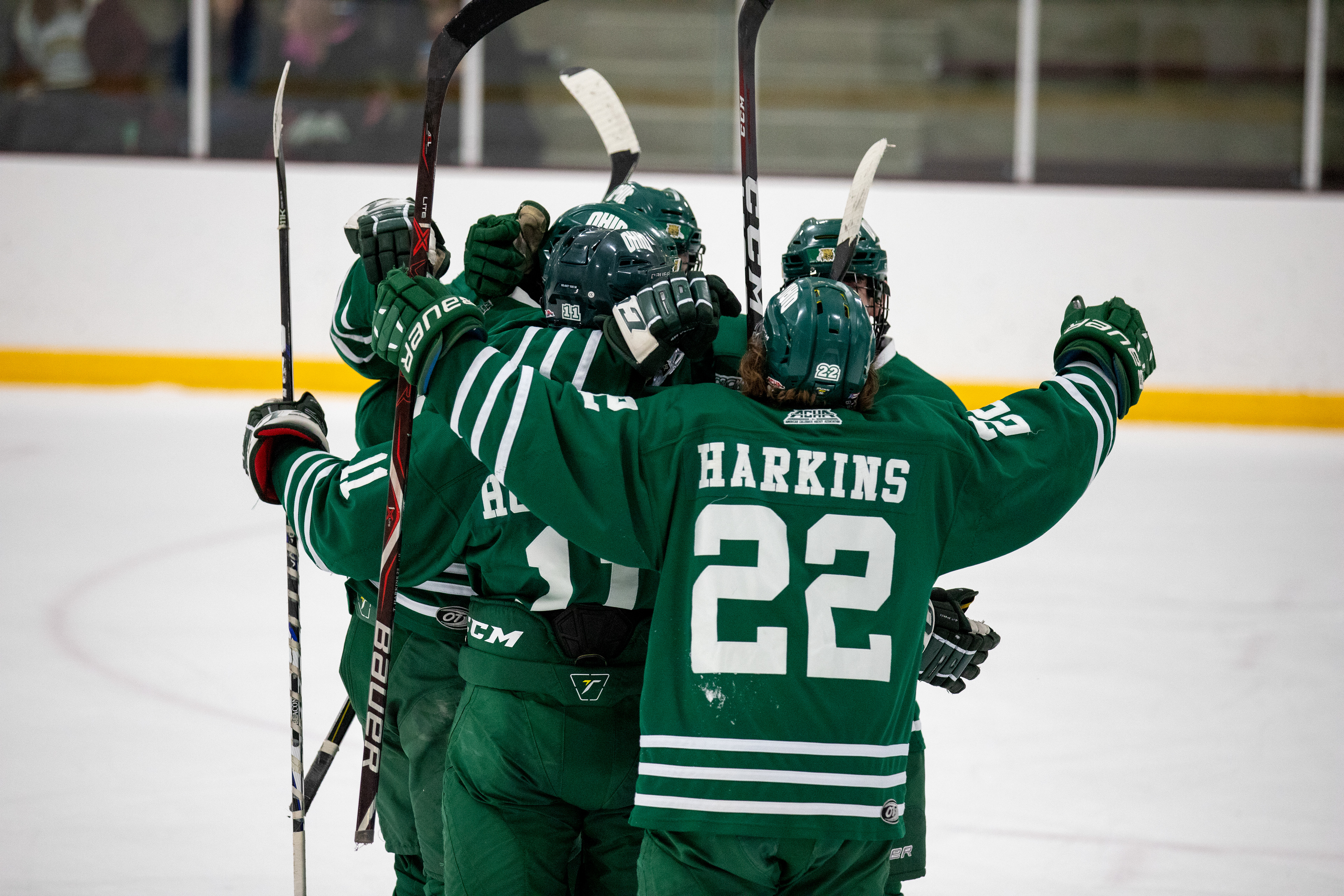 Tyler Harkins celebrates with teammates following a late Bobcat goal.