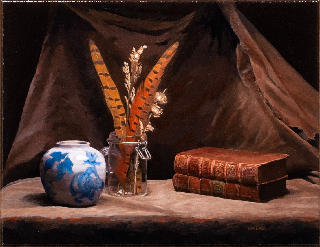 William Lake, "Mark's Vase with Feathers and Books," Oil on Linen, 14x18