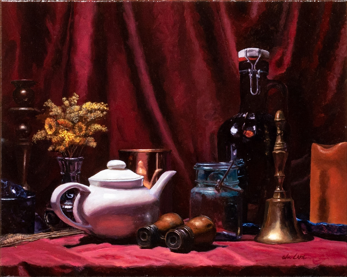 William Lake, "Dad's Binoculars with White Pot and Stuff," Oil on Linen, 16x20