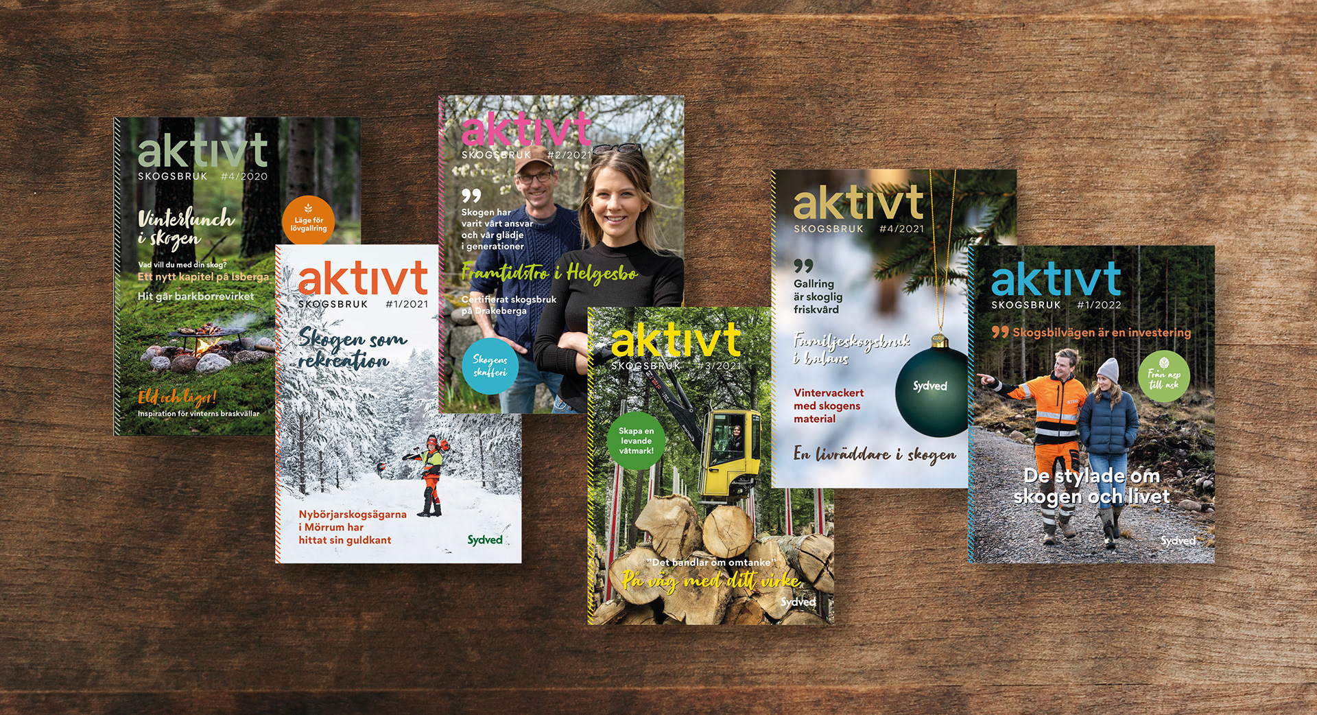 Några olika nummer av tidningen Aktivt Skogsbruk.