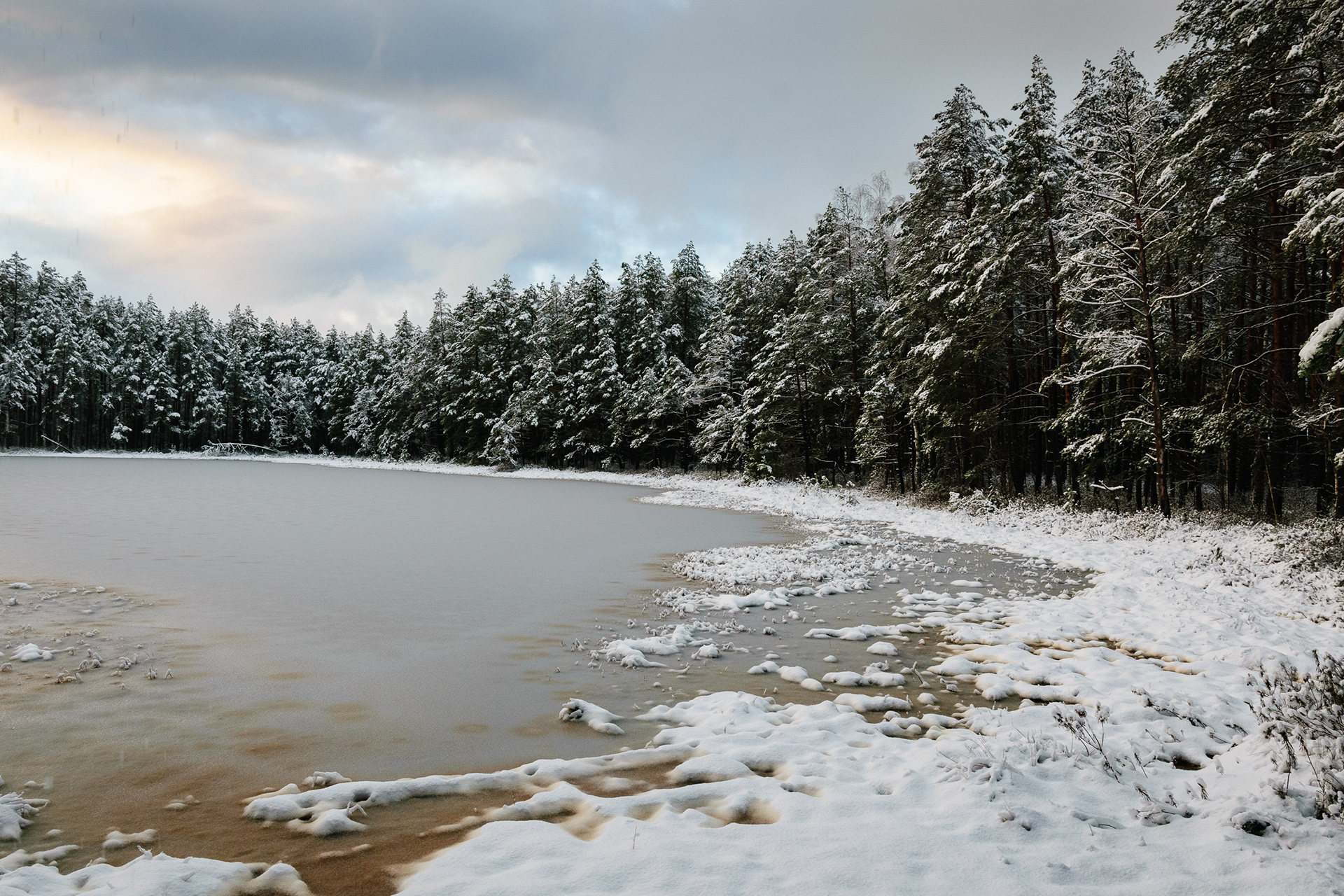 Frozen lake in a snow covered forest