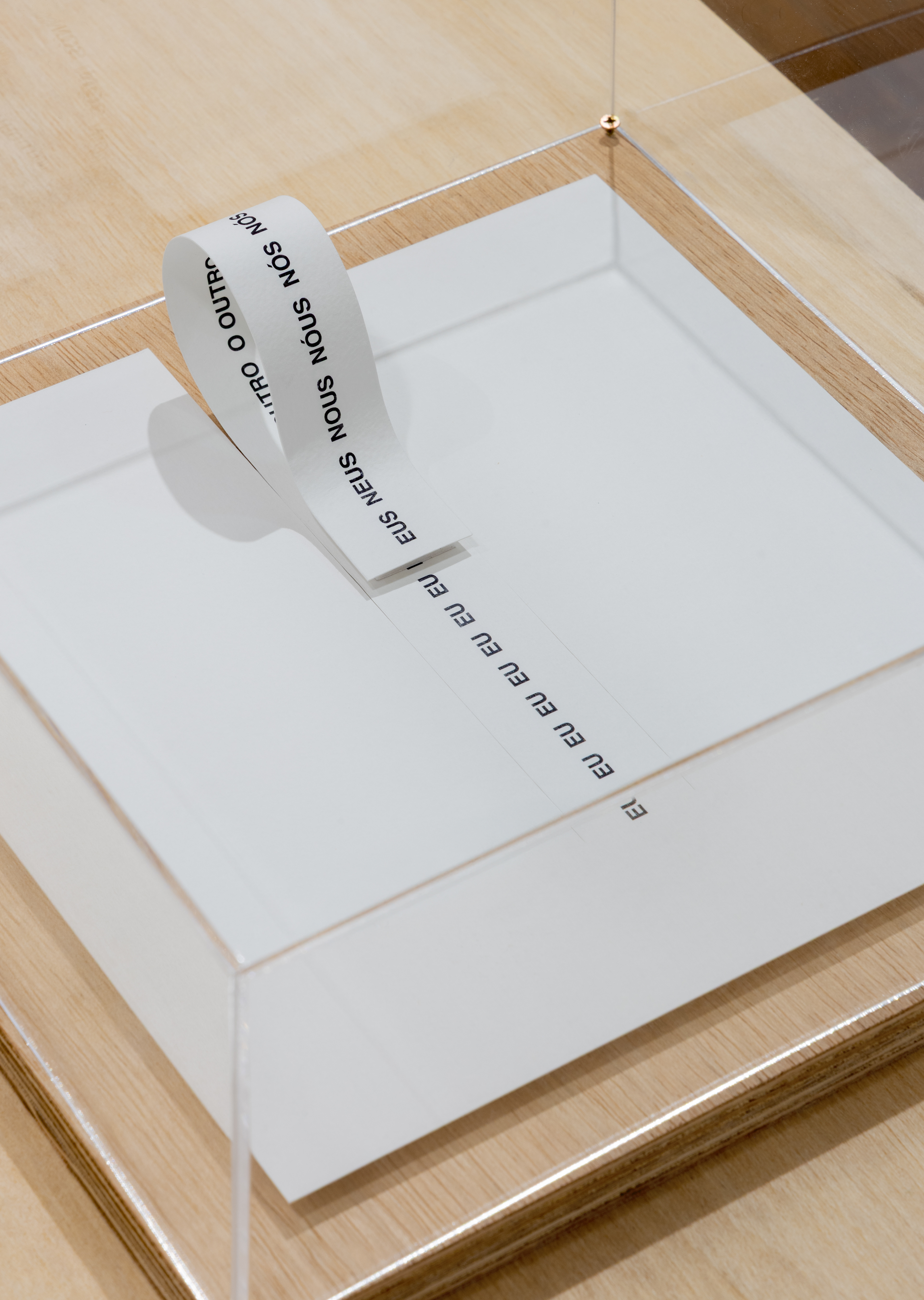 Detalhe da obra Esquema-objeto (Tentativa #3), da série Esquemas, de Zans, Impressão digital sobre papel, compensado naval, acrílico. Dimensões variáveis, 2024.