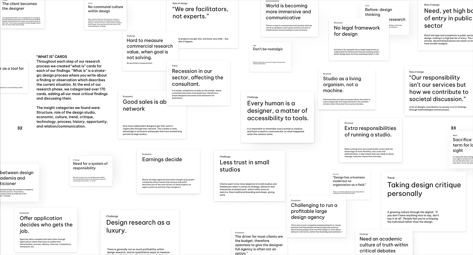 First, we explored what the current situation looks like today, and created over 170 "What is findings", all based on interviews with the experts, readings and desktop research.