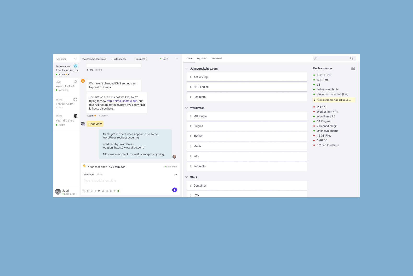 Wireframe showing the conversation from the point of view of the support staff, with integration toolkit.
