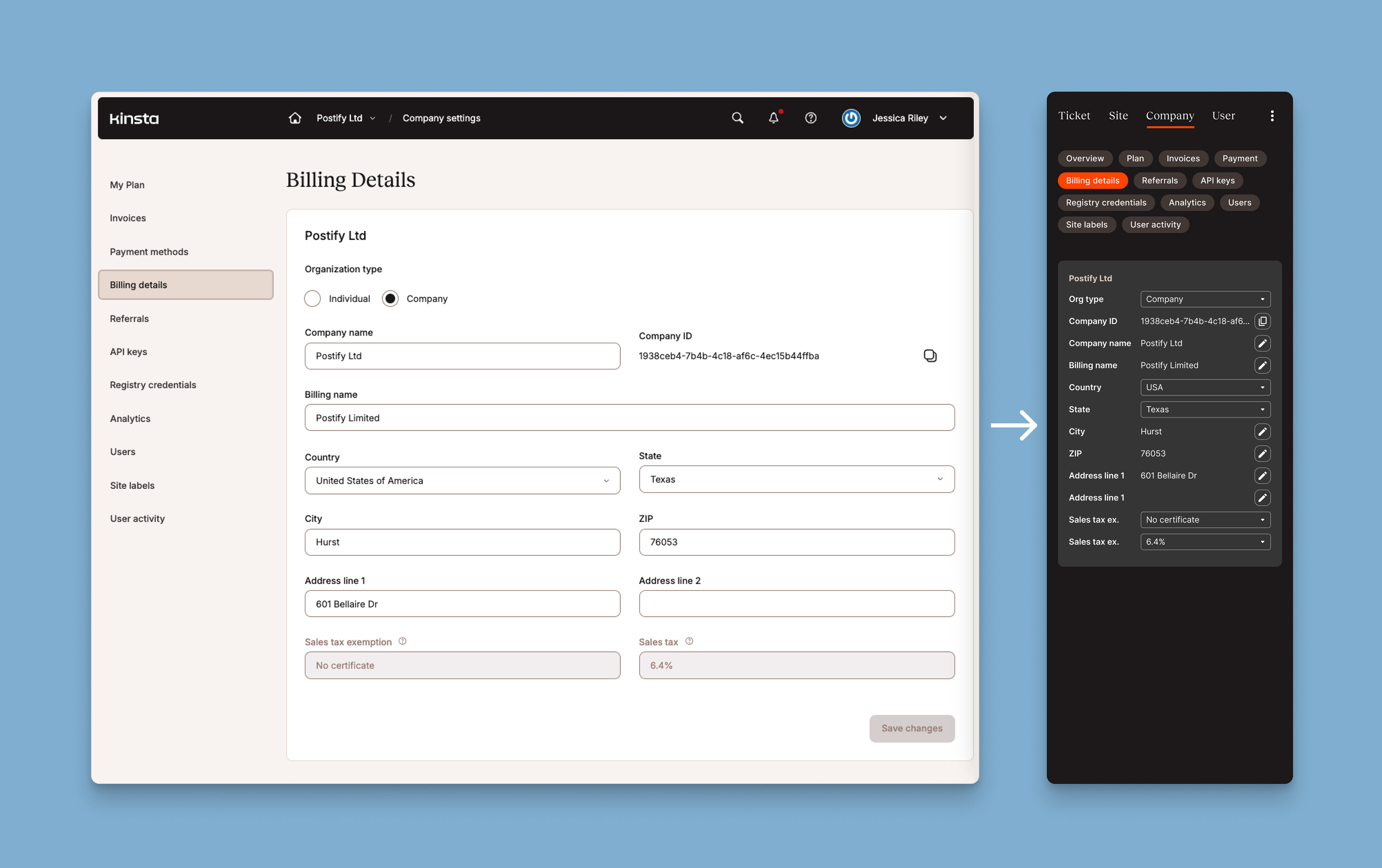 Side by side a screen of the main product and the corresponding in-conversation integration kit showing how I translated the features from the main product into the integration. Screen shown: Billing details