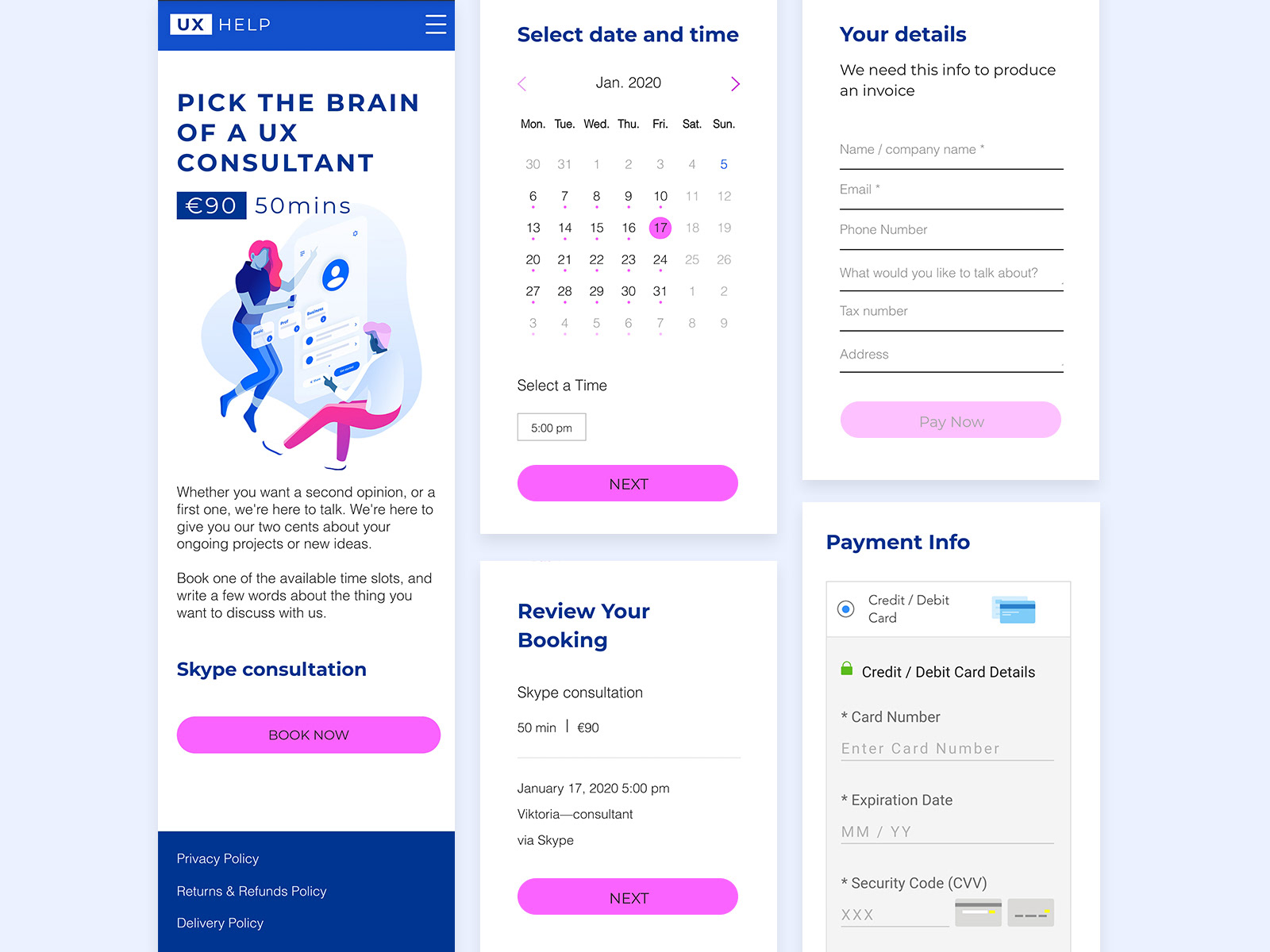 Screens of the mobile view of the website.