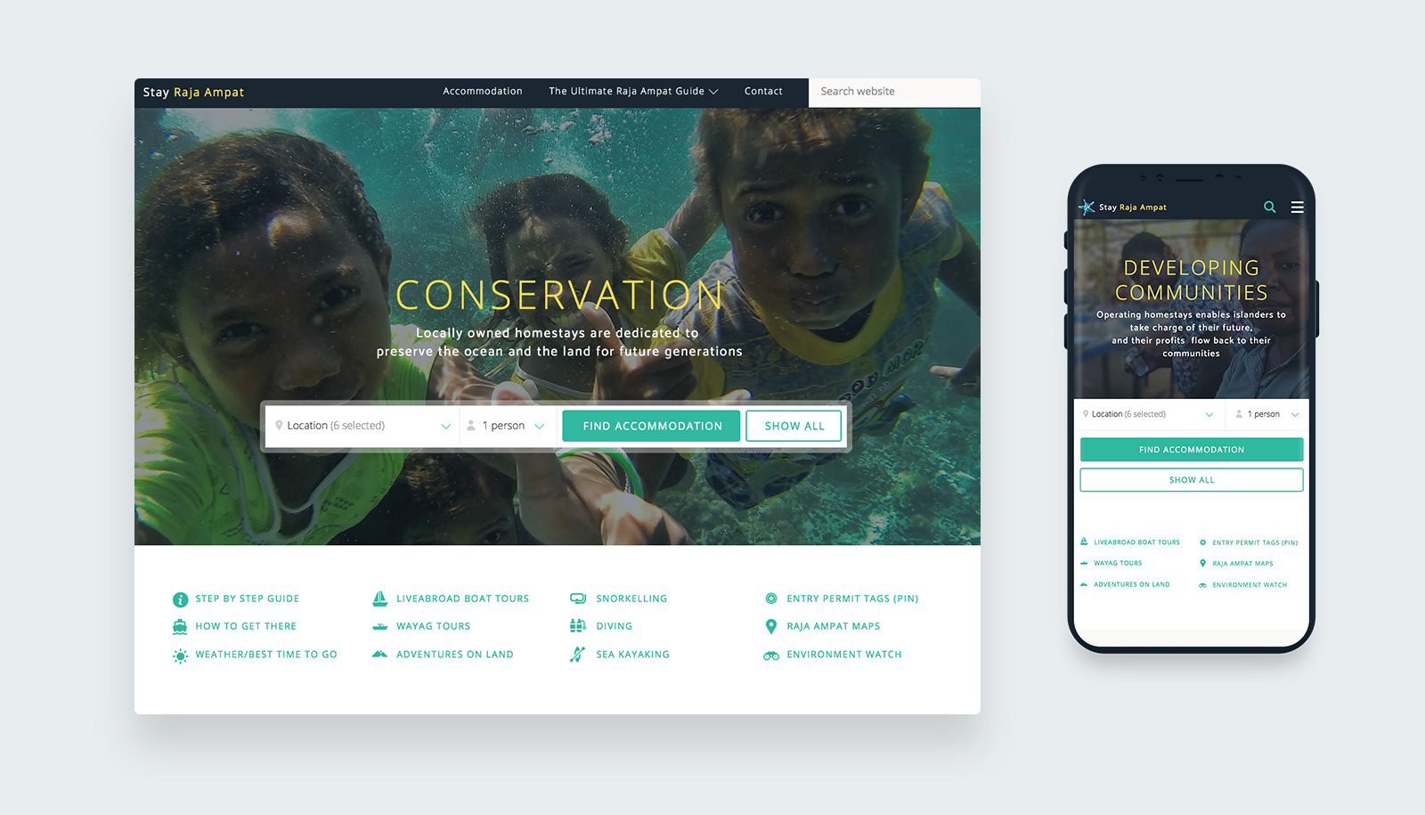 Desktop and mobile view of the home page with banner image of children posing underwater.