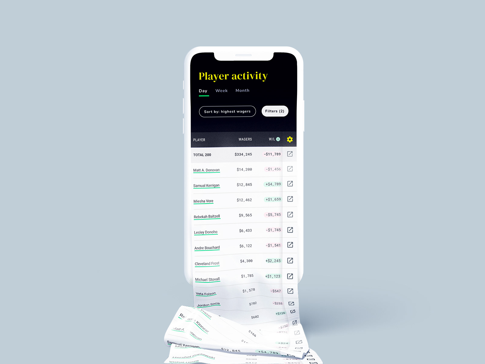 A mobile phone floating in the air displaying a table. The table is flowing out of the screen as it was a sheet of paper, folding on itself on the ground under the phone.