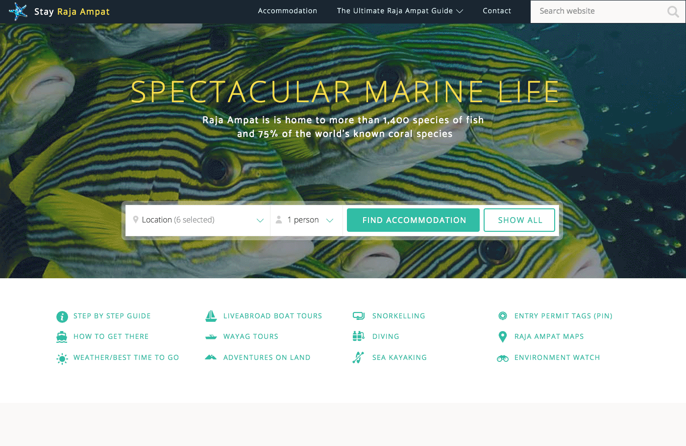 Home screen UI with an animated carousel of photos taken in raja ampat depicting scenes of underwater life, friendly locals, and typical traditional bungalow accommodation