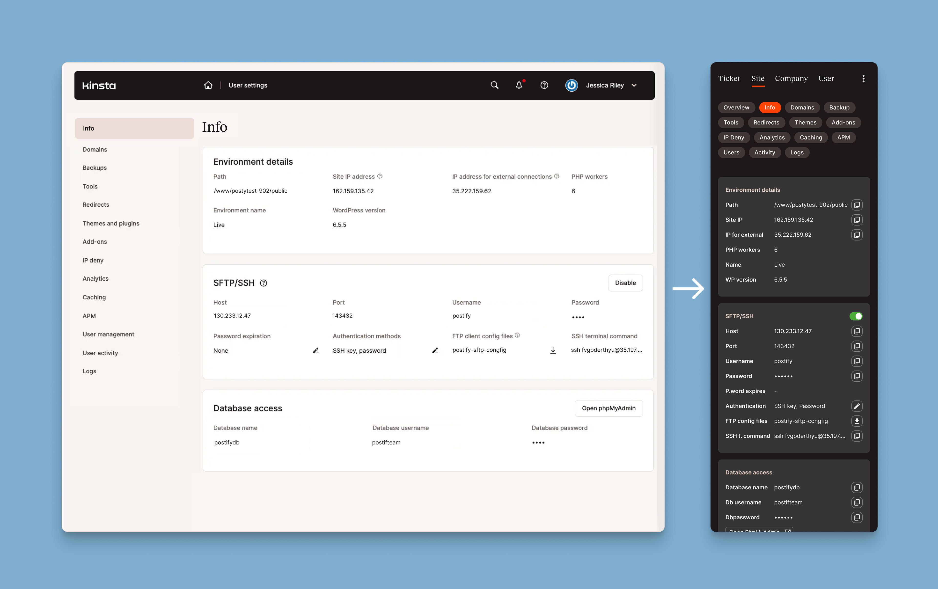 Side by side a screen of the main product and the corresponding in-conversation integration kit showing how I translated the features from the main product into the integration. Screen shown: Site info