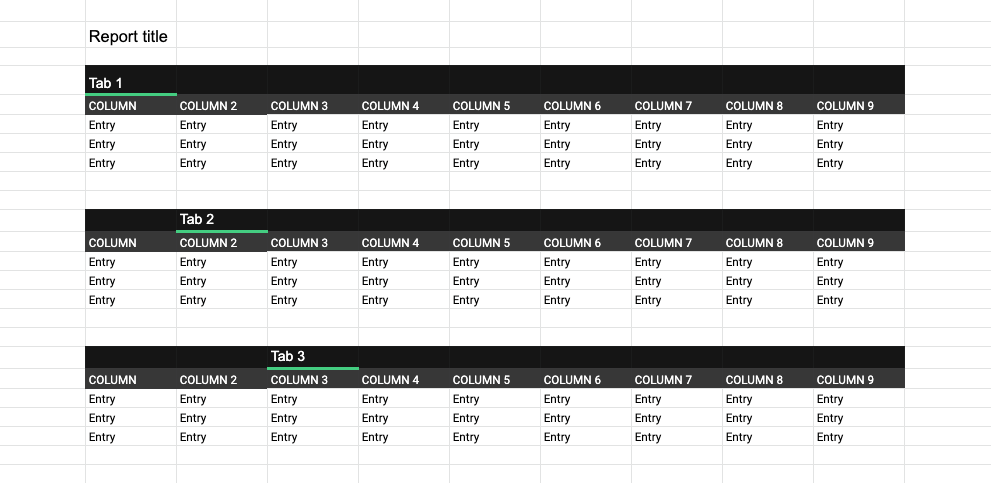 Simplified spreadsheet with only column headers and example content.