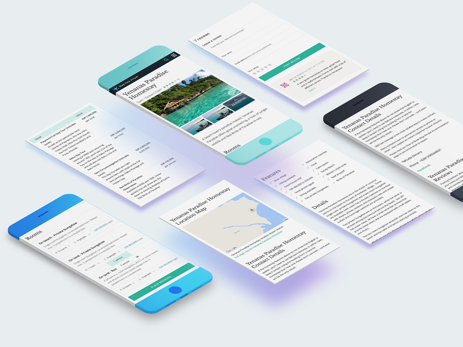 Mobile screens laid out in isometric perspective