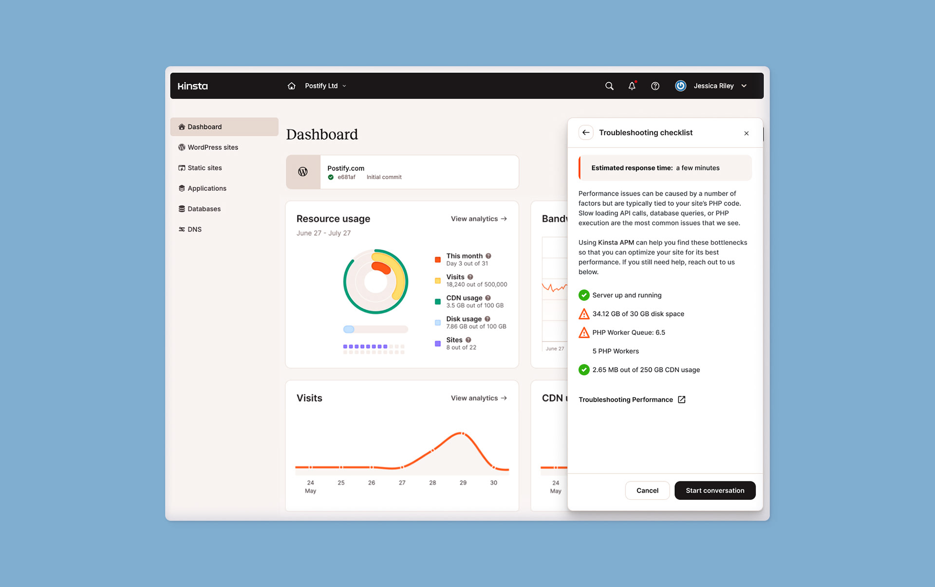 Screen of troubleshooting checklist in front of a screen of the web-hosting product.
