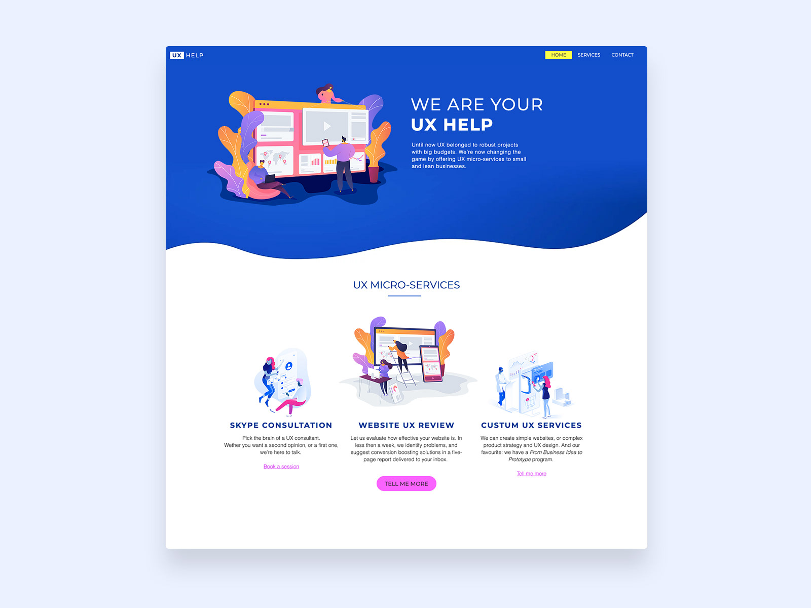 Homepage of the website with hero area with headline "We are your UX help" and sections entitled "Skype consultation," "Website UX review," and "Custom UX Services"
