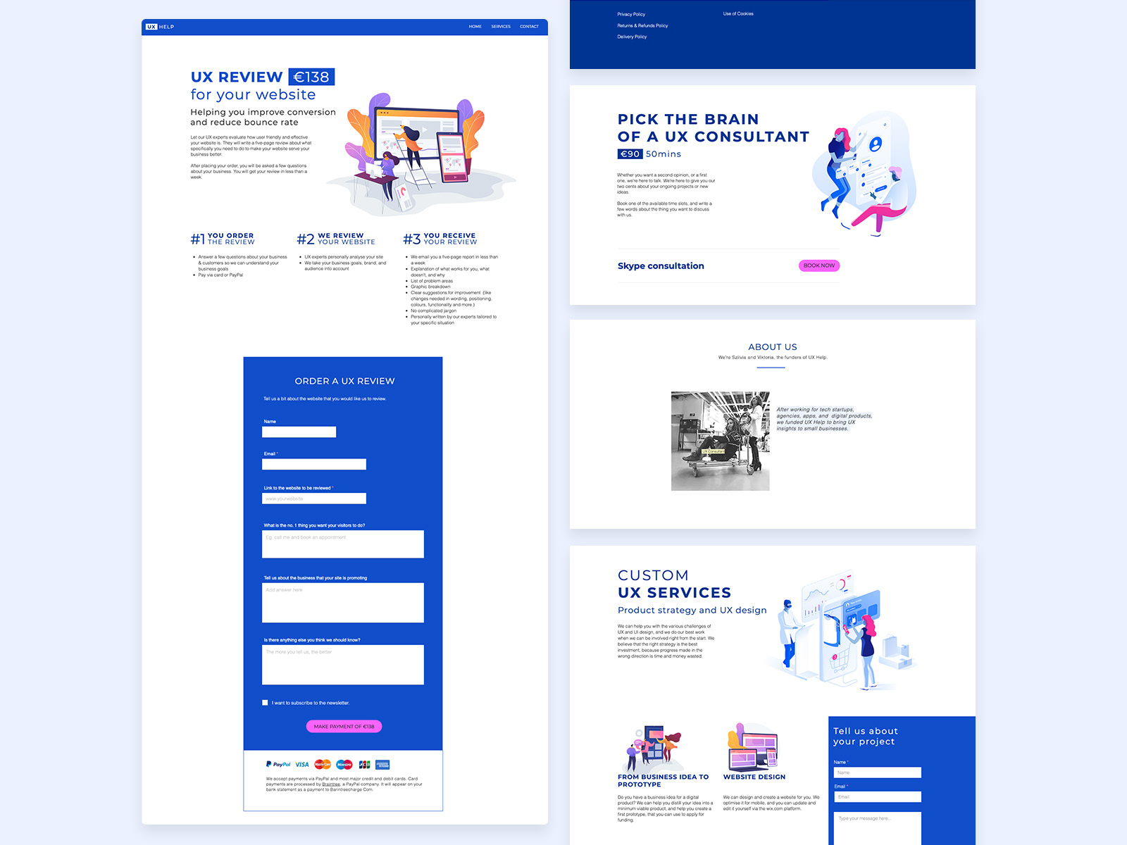 Other screens from the website: order form, contact page, about us. Designs featuring vibrant graphic illustrations.