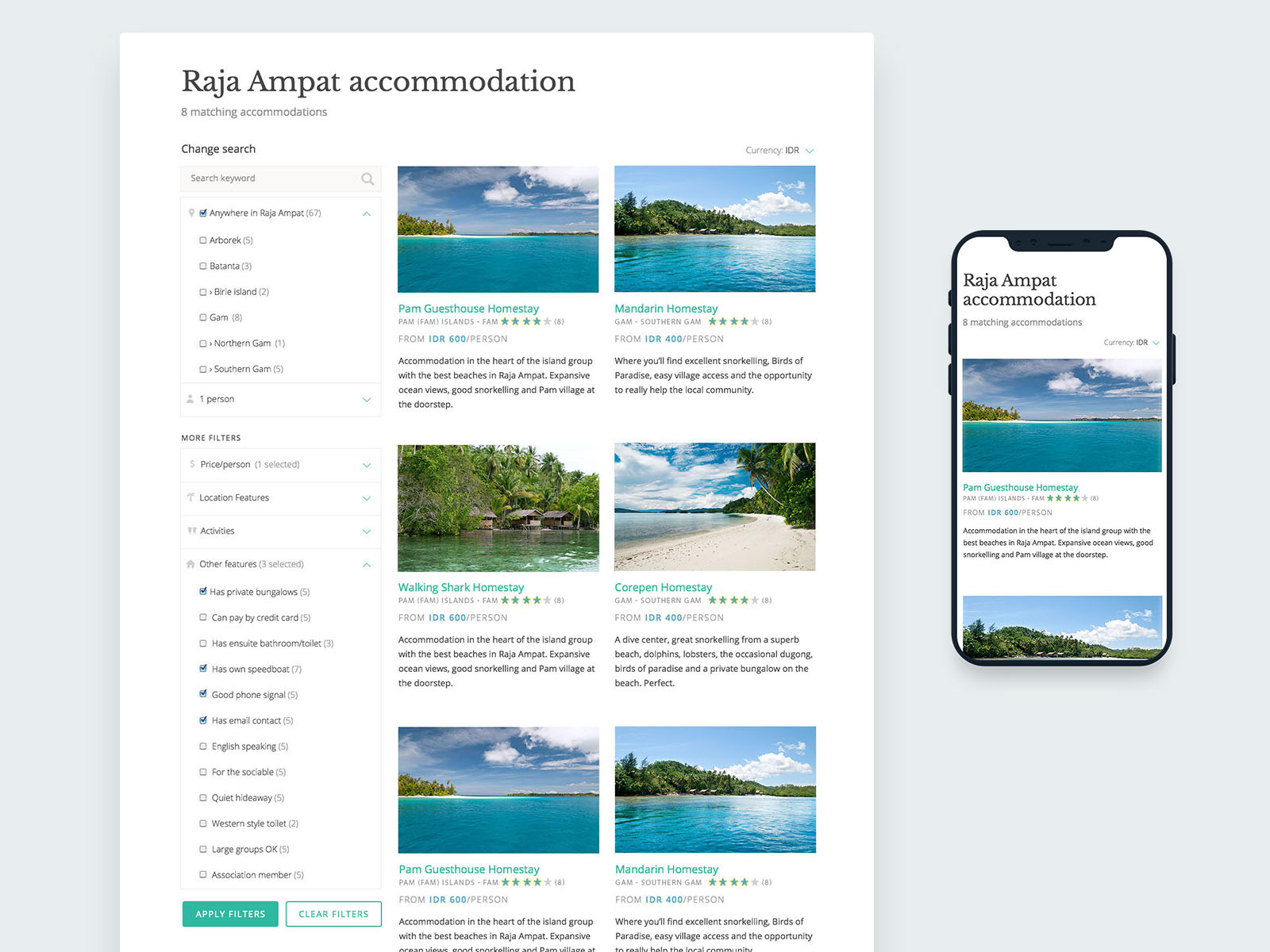 Desktop and mobile view of the accommodation listing page and filters.