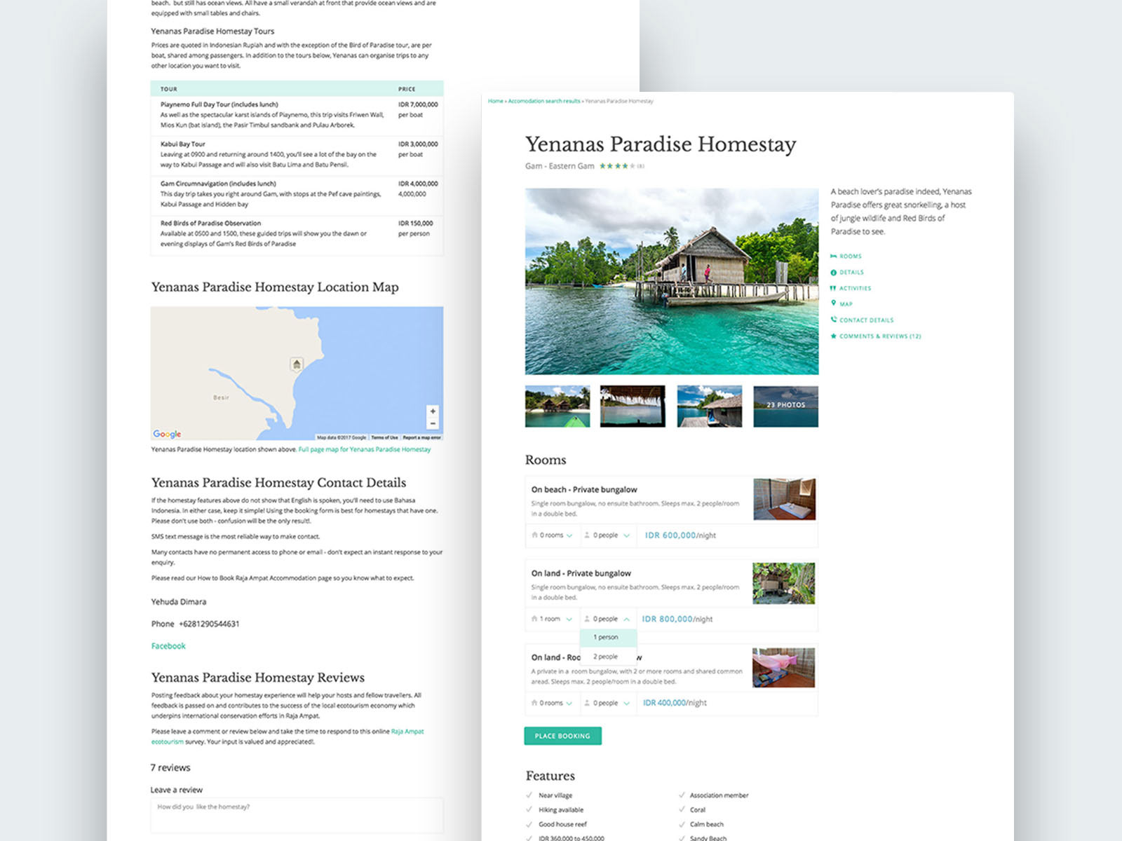 Listing detail screen, with a photo of a bungalow built on stilts over the water