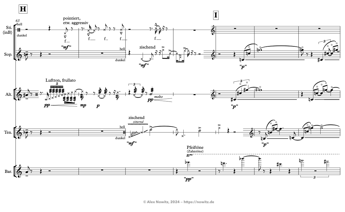 Score excerpt of Alex Nowitz: "Unfrei im Raum" [Unfree in space] for sax quartet