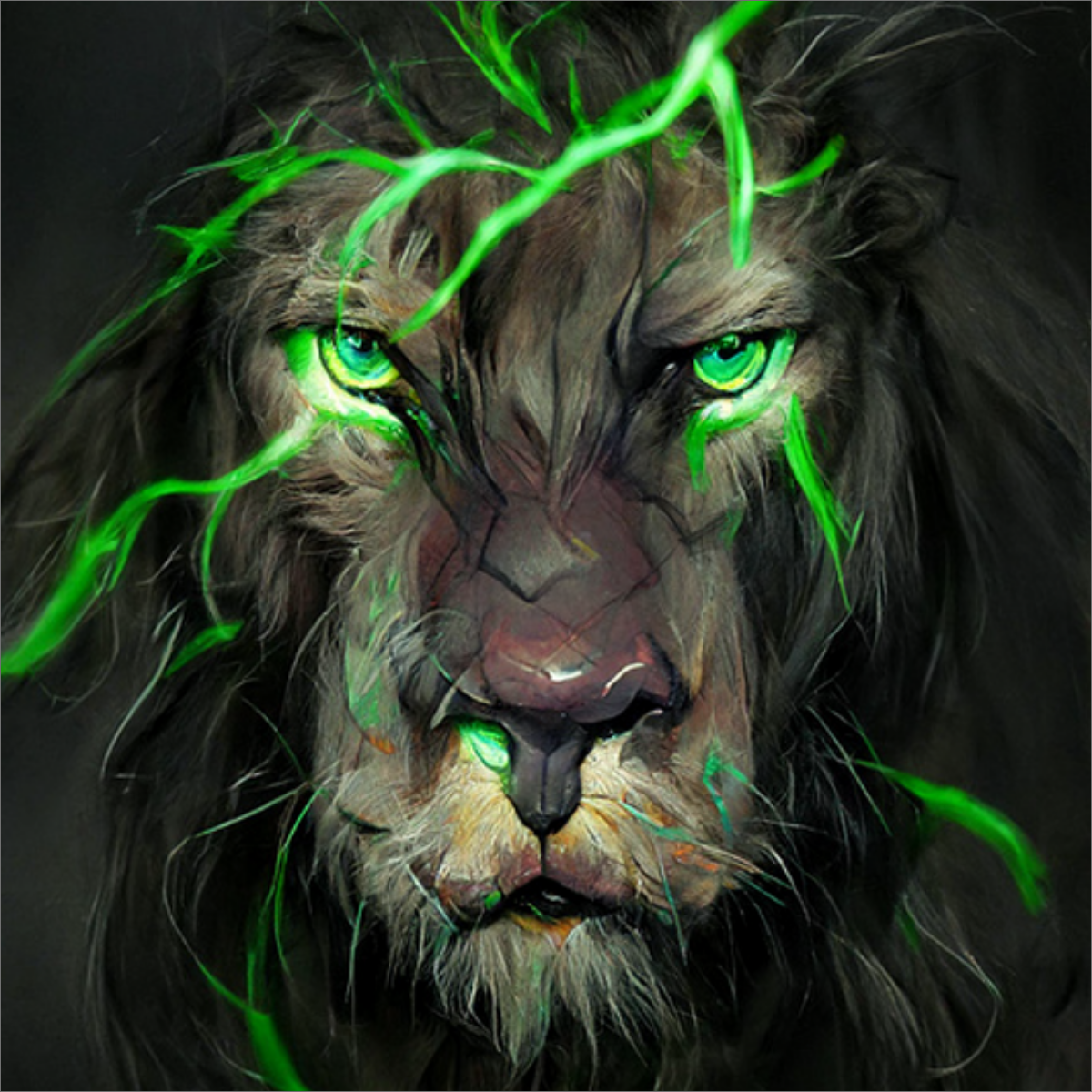 Prompt: “Electric, fierce and angry lion cartoonized, artstation.”