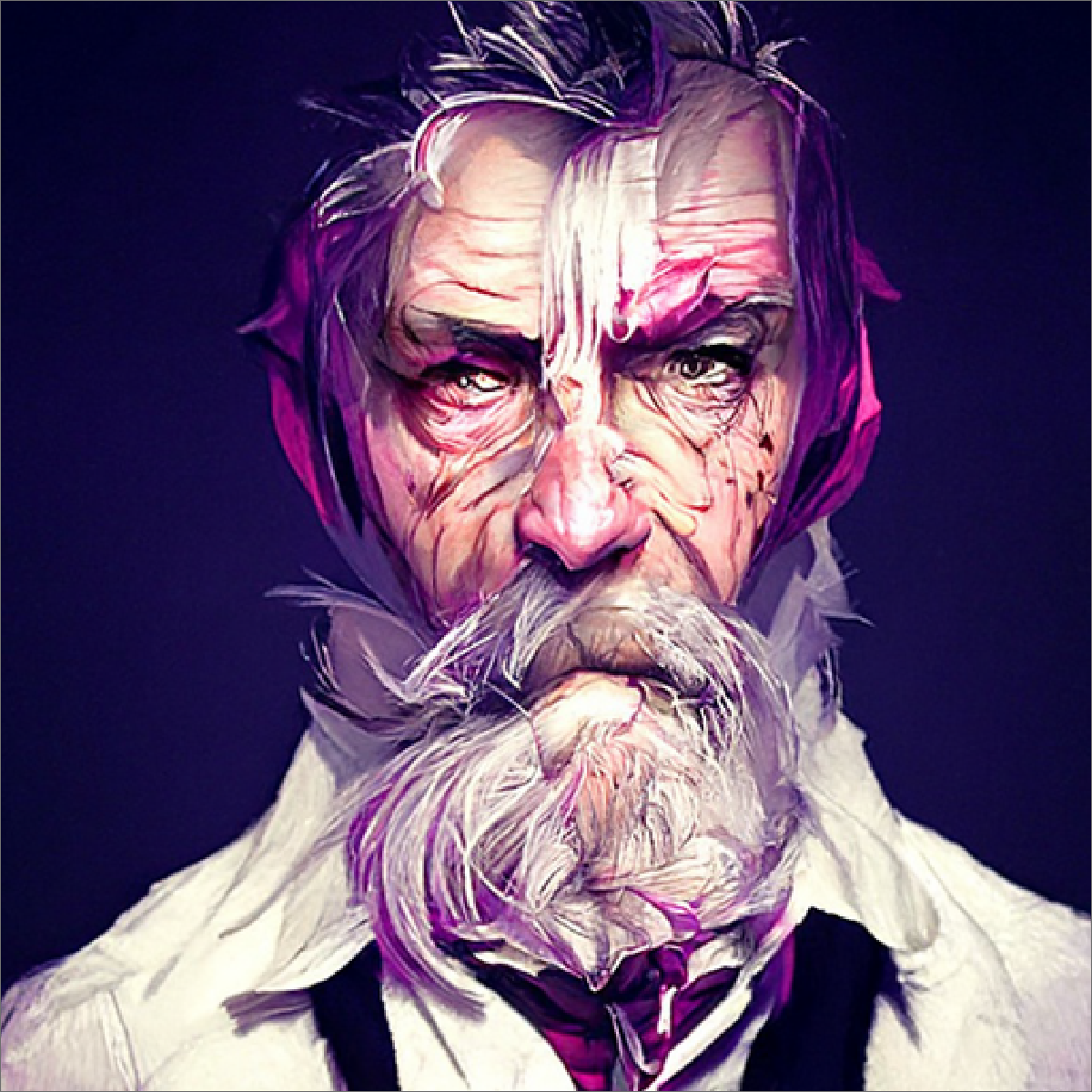 Prompt: “A dirty and dangerous old man, aristocratic, storm and fog, greg rutkowski and , artstation.”, “magenta and dark brown color scheme”