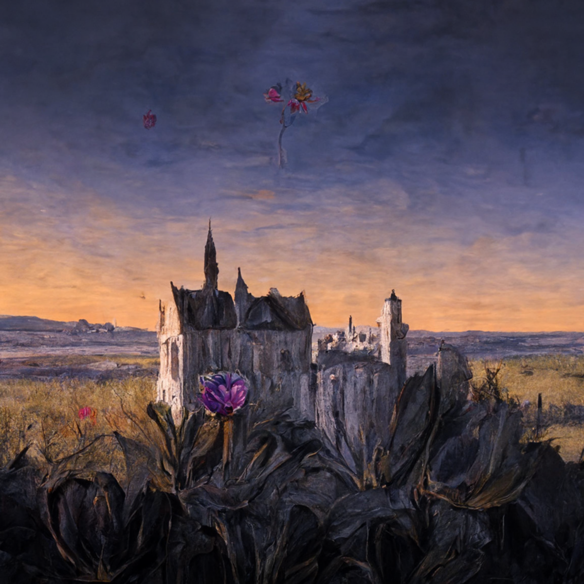 Prompt: “A beautiful painting of a castle, sunflowers and tulips by Vincent Van Gogh.”