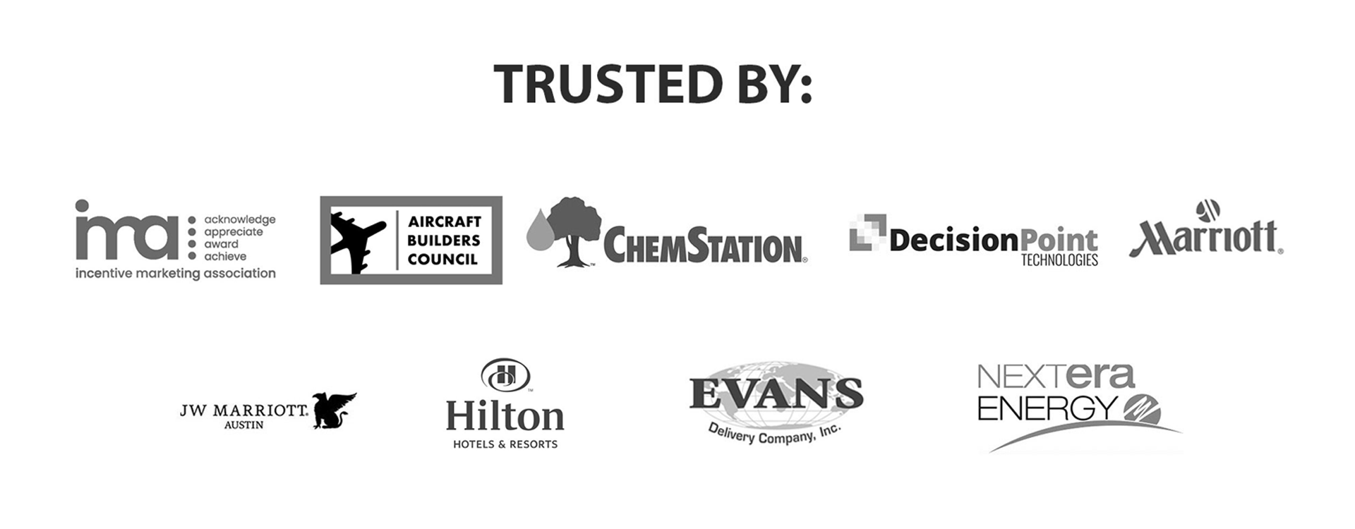 Clients include NextEra Energy, ChemStation, DecisionPoint Technologies, Incentive Marketing Association Venues include JW Marriott Austin, Hilton Hotels & Resorts