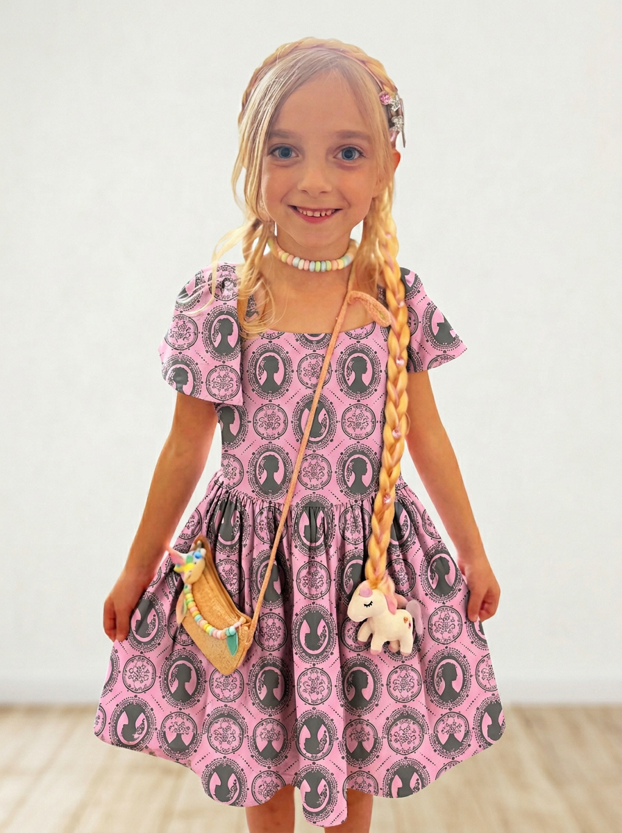 Firefly generated image of girl wearlng Cameo print dress