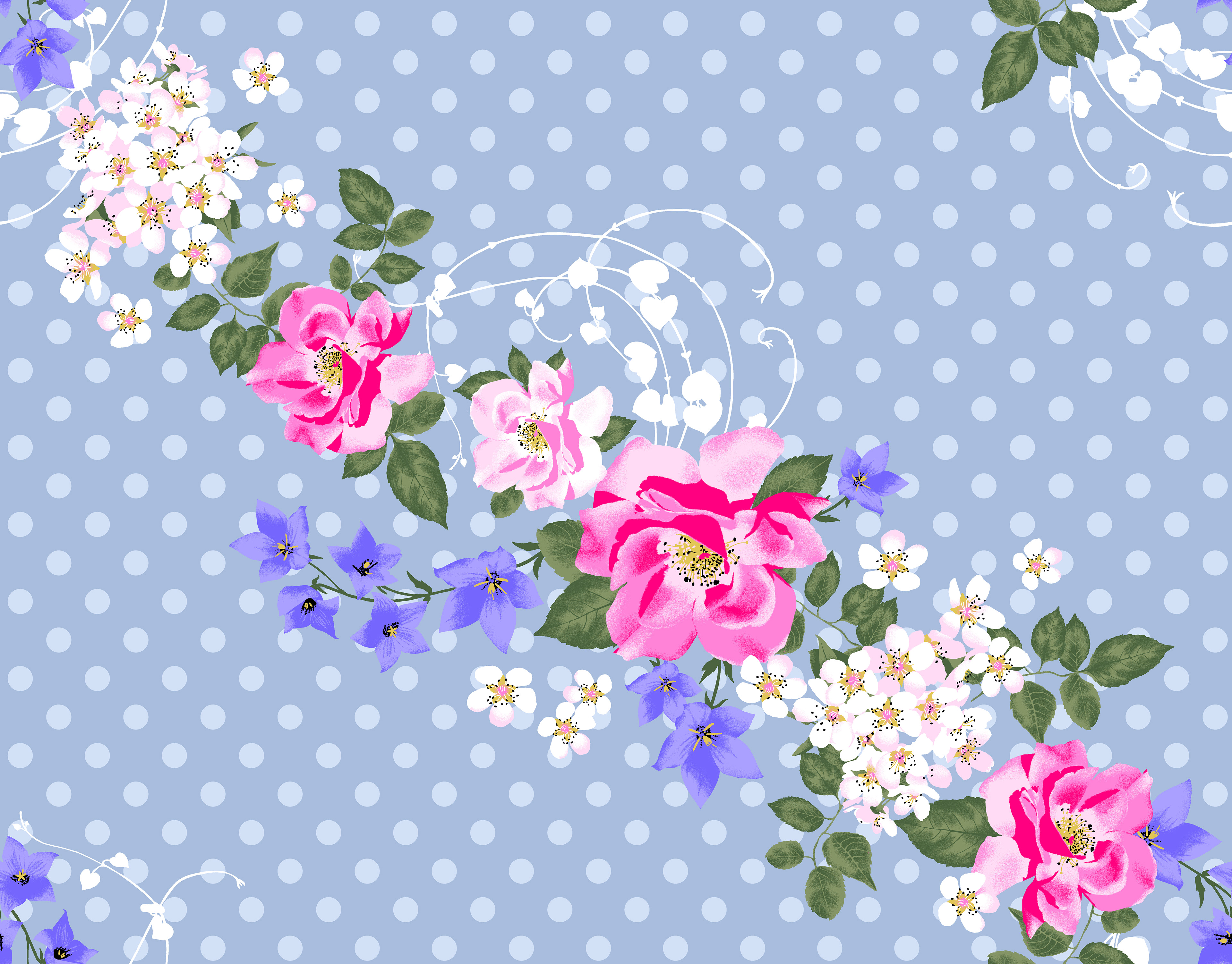 Romantic Floral band on spot - blue Textile print design