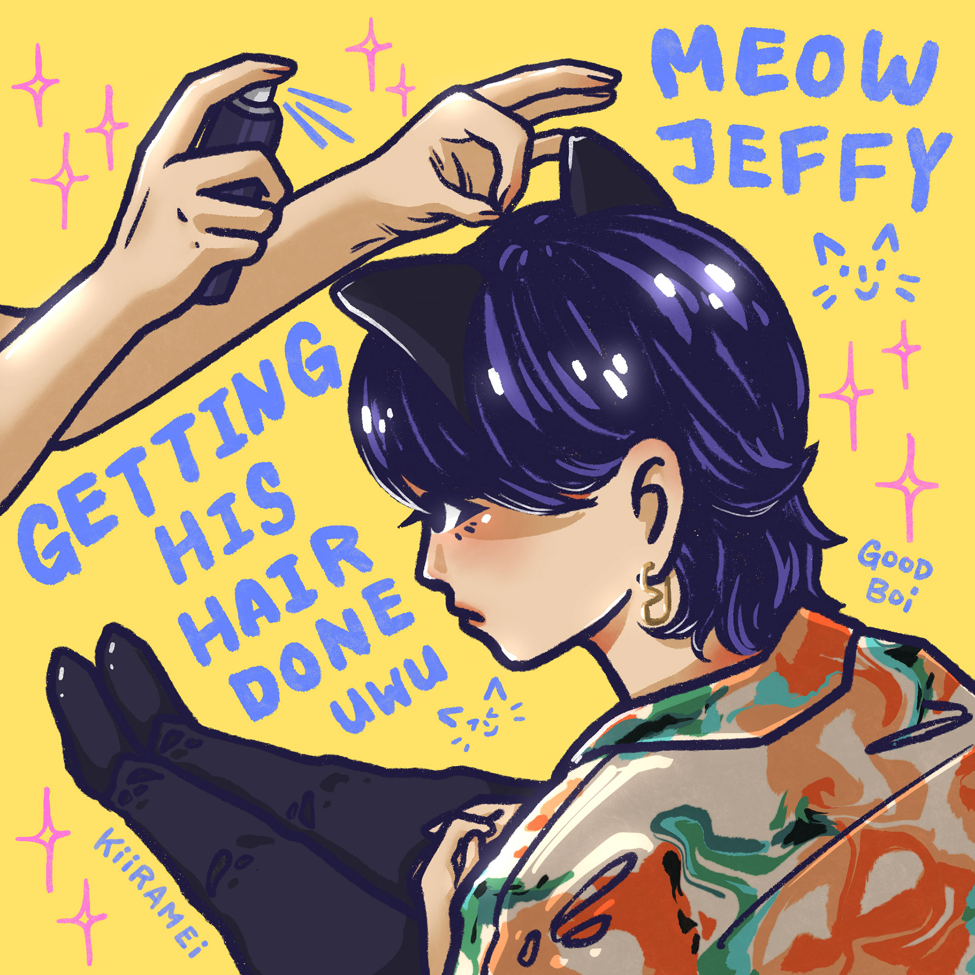 meow getting his hair done