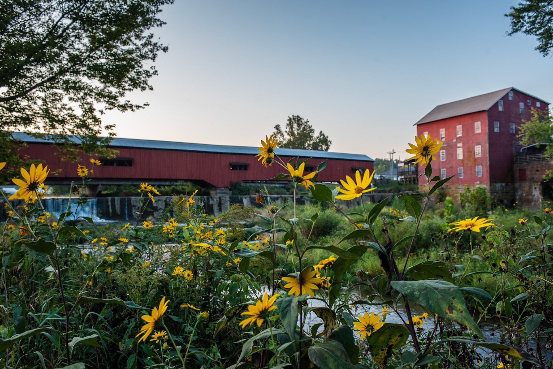 Flowers infront of a covered bridge