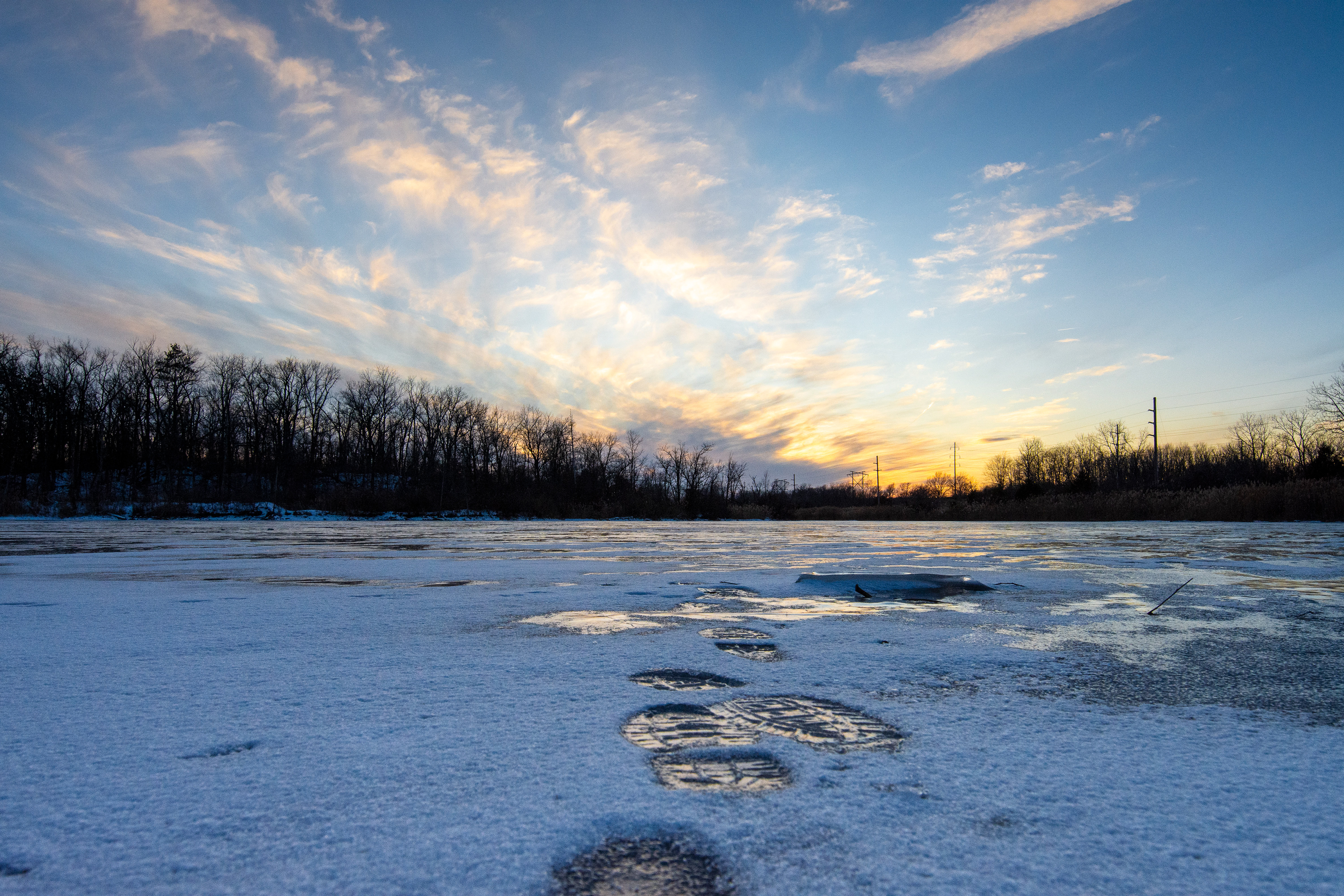 Frozen lake at sunset.